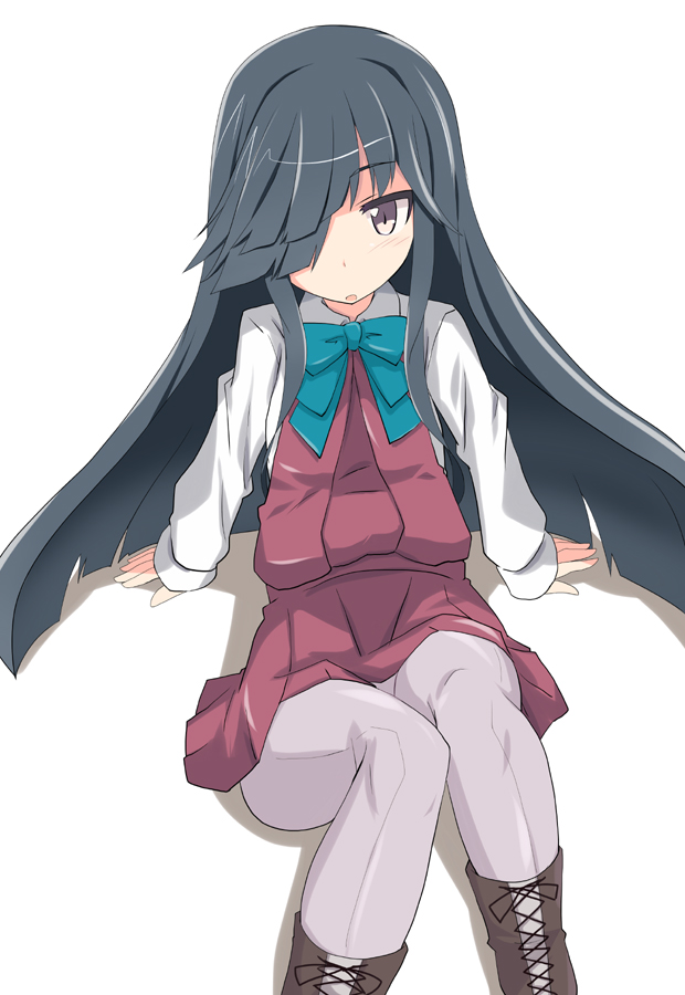 kugui kiyunemu, hayashimo (kancolle), kantai collection, commentary request, 1girl, arm support, black hair, blue bow, blue bowtie, blush, boots, bow, bowtie, brown boots, brown eyes, collared shirt, dress, feet out of frame, grey pantyhose, hair over one eye, knees up, long hair, long sidelocks, long sleeves, looking at viewer, open mouth, pantyhose, pleated dress, red dress, shadow, shirt, short dress, sidelocks, simple background, sitting, sleeves past wrists, solo, white background, white shirt