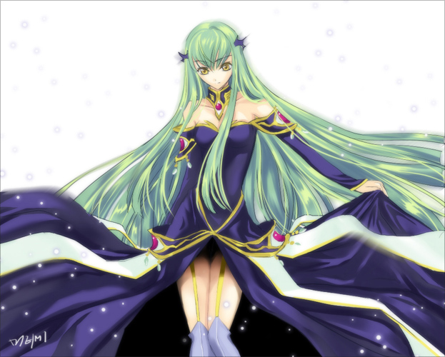 meimi k, c.c., code geass, 00s, bare shoulders, dress, garter belt, green hair, long hair, signature, snow, solo, strapless, strapless dress, thighhighs, very long hair, yellow eyes
