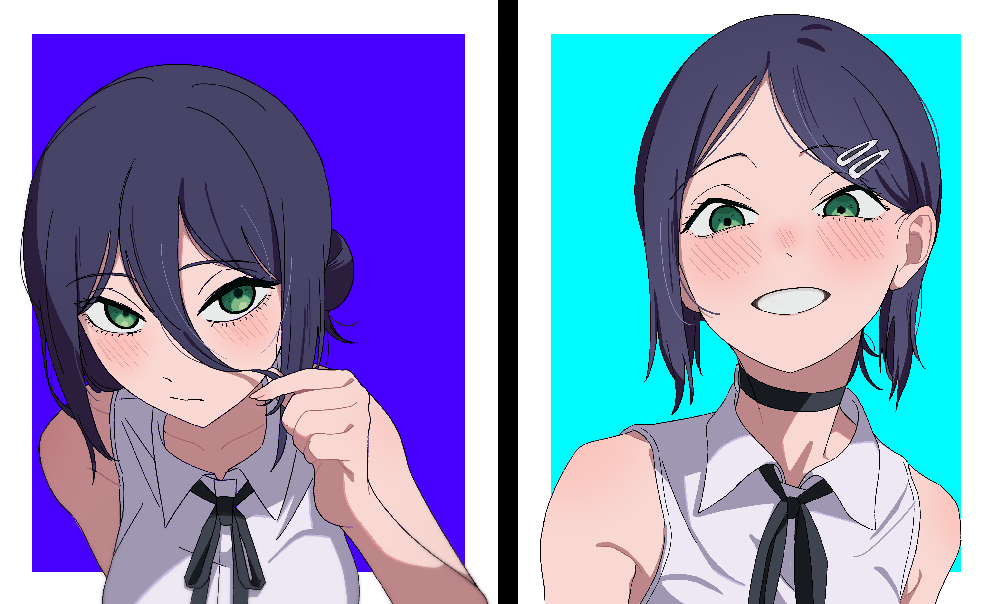 pash-uwu, reze (chainsaw man), chainsaw man, absurdres, highres, 1girl, black choker, black ribbon, blue hair, choker, collared shirt, green eyes, grin, hair between eyes, hair ornament, hairclip, light blush, multiple views, neck ribbon, ribbon, shirt, smile, teeth, white shirt