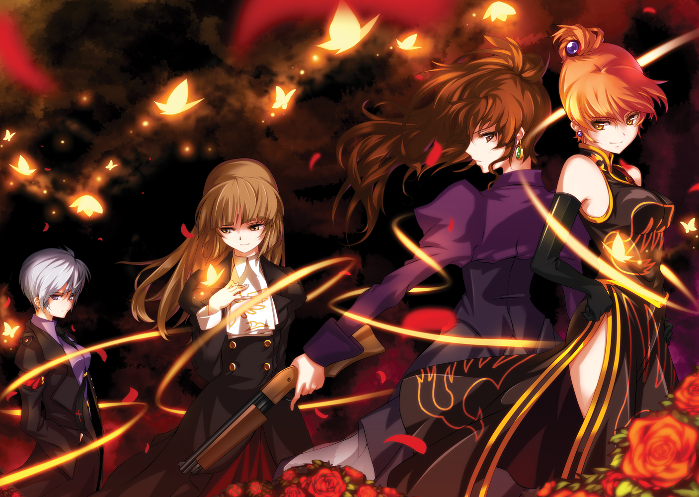 hong (white spider), ushiromiya eva, ushiromiya kyrie, ushiromiya natsuhi, ushiromiya rosa, umineko no naku koro ni, silver hair, bad id, bad pixiv id, 00s, 4girls, bare shoulders, brown hair, bug, butterfly, china dress, chinese clothes, dress, earrings, elbow gloves, flower, gloves, gun, hime cut, insect, jewelry, long hair, looking back, mature female, multiple girls, rose, short hair, shotgun, weapon, wind
