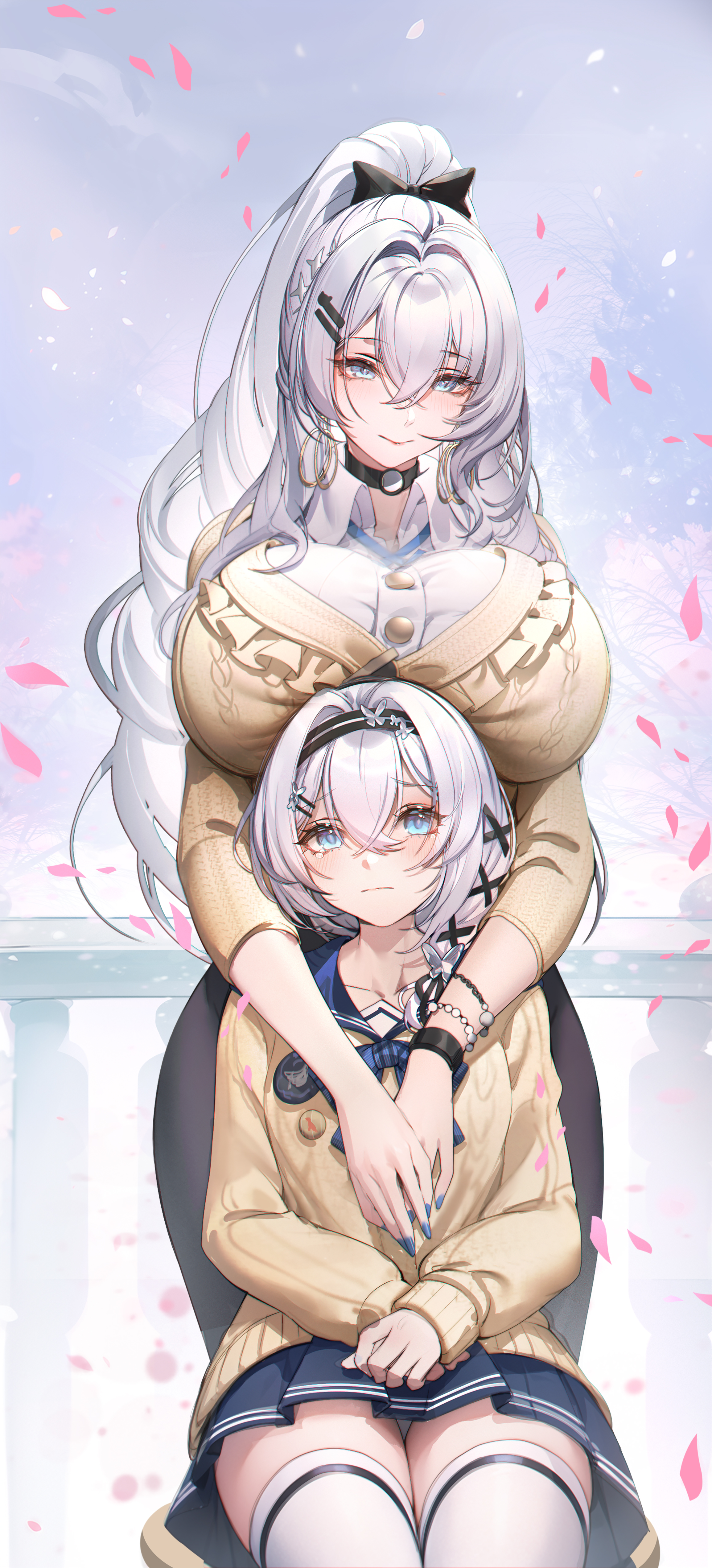 q18607, original, absurdres, chinese commentary, commentary request, highres, second-party source, 2girls, age comparison, aged down, arms on another's shoulder, badge, bead bracelet, beads, black bow, black choker, black skirt, blue bow, blue eyes, blue nails, blue sailor collar, blue skirt, blush, bow, bracelet, breast rest, breasts, breasts on head, button badge, buttons, choker, closed mouth, collarbone, collared shirt, crossed bangs, dual persona, earrings, falling petals, frilled sweater, front-to-back, gold earrings, gradient background, hair between eyes, hair bow, hair intakes, hair ornament, hairclip, hoop earrings, huge breasts, jewelry, long hair, long skirt, multiple girls, nail polish, own hands together, panties, pantyshot, petals, pink petals, ponytail, railing, sailor collar, shirt, short hair, sidelocks, sitting, skirt, smile, standing, star (symbol), star hair ornament, sweater, tearing up, thighhighs, thighs, three-quarter sleeves, underwear, very long hair, white hair, white panties, white shirt, white thighhighs, x hair ornament