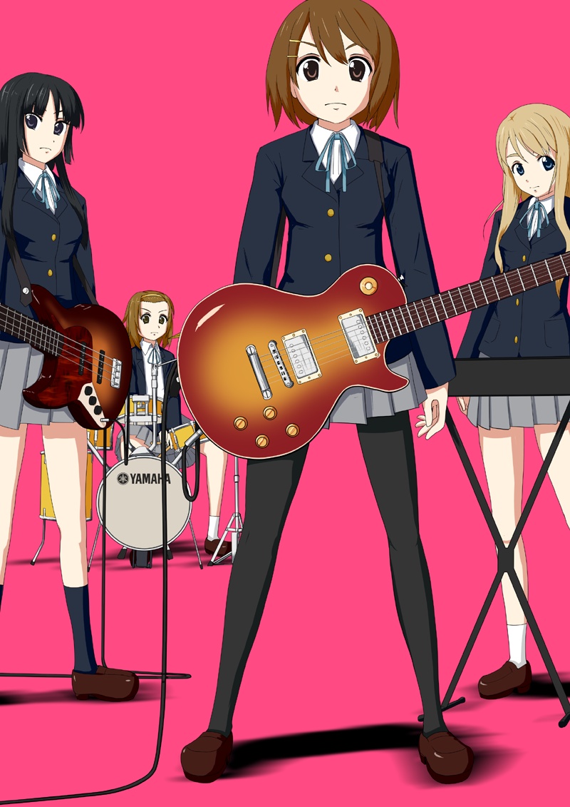 kirisaki (gin16k), kirisaki akihito, akiyama mio, hirasawa yui, kotobuki tsumugi, tainaka ritsu, k-on!, bad id, bad pixiv id, 00s, 4girls, band (music), bass guitar, blunt bangs, drum, drum set, electric guitar, gibson les paul, guitar, hime cut, ho-kago tea time, instrument, keyboard, keyboard (instrument), multiple girls, pantyhose, school uniform, synthesizer