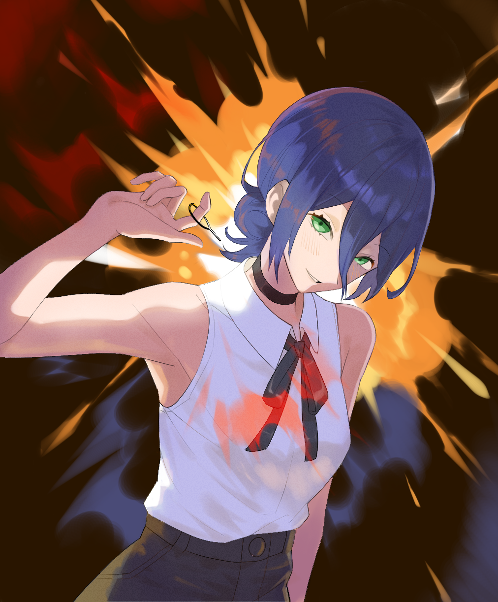 rade8572, reze (chainsaw man), chainsaw man, highres, 1girl, black choker, black ribbon, black shorts, blue hair, choker, collared shirt, explosion, explosion background, green eyes, grenade pin, hair between eyes, looking at viewer, neck ribbon, ribbon, shirt, shirt tucked in, shorts, sleeveless, sleeveless shirt, solo, white shirt