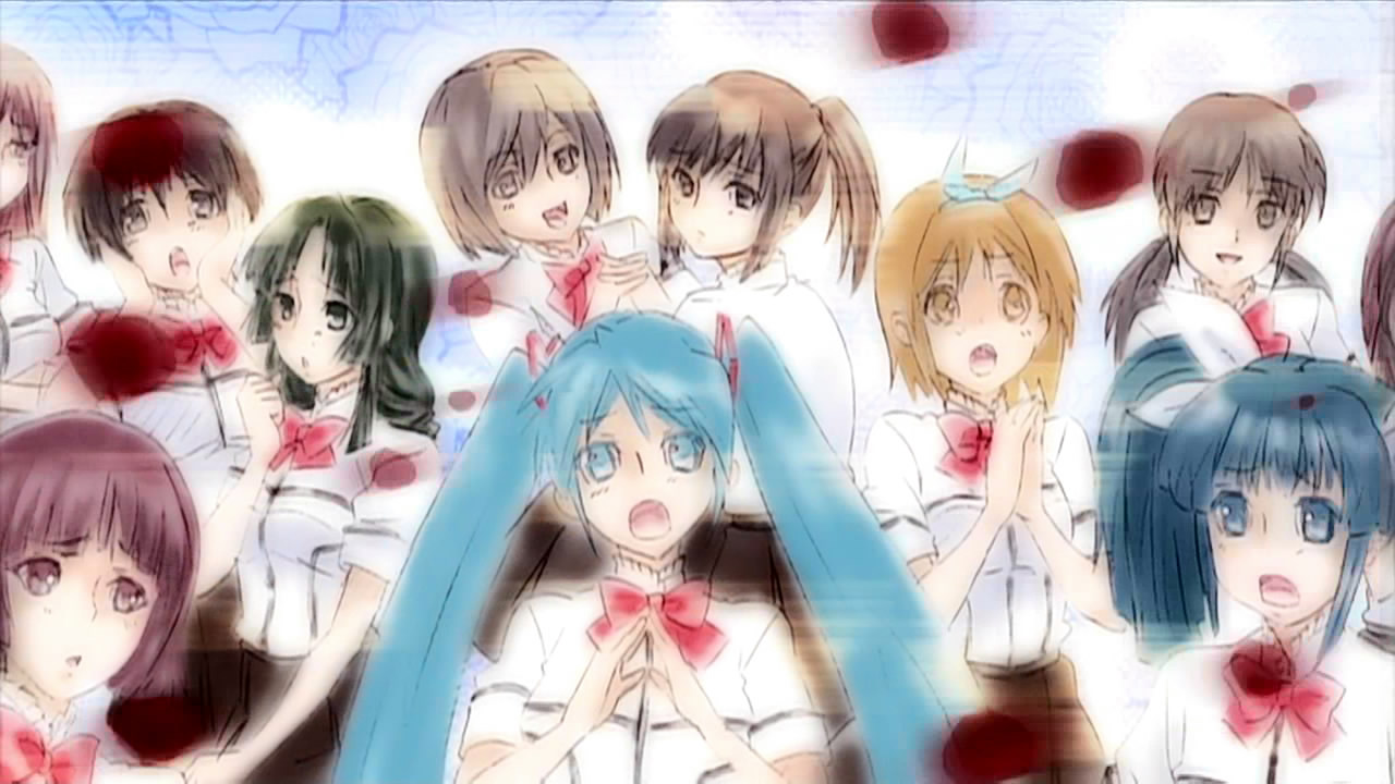 hatsune miku, kagamine rin, suzuki sayaka, maria holic, pani poni dash!, vocaloid, anime screenshot, 6+girls, multiple girls, parody, school uniform, sketch, twintails