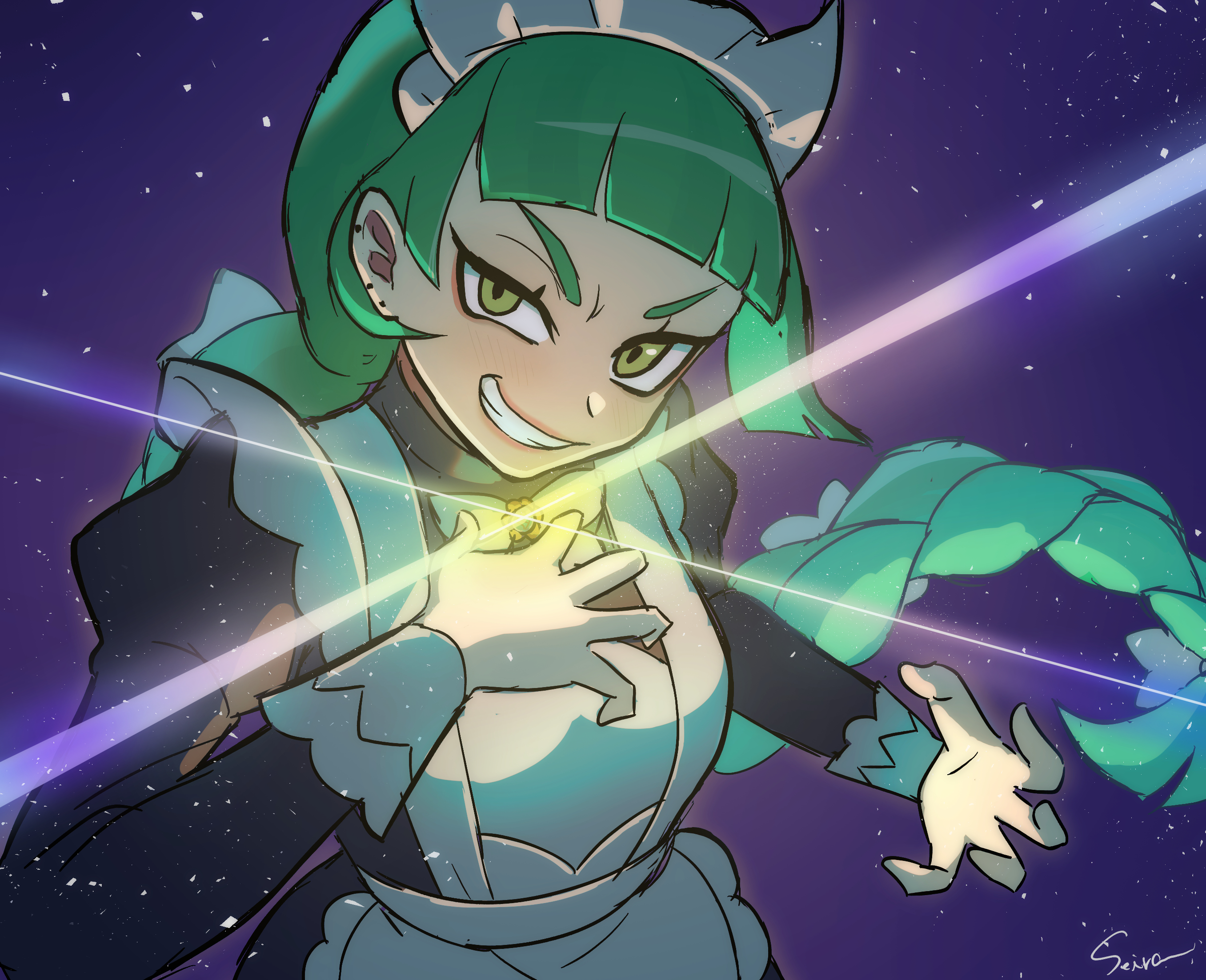 seer042, lebanne (pokemon), nintendo, pokemon, pokemon legends: z-a, highres, apron, artist name, black dress, dress, glowing, green eyes, green hair, juliet sleeves, long hair, long sleeves, looking at viewer, maid, maid apron, maid headdress, mega stone, puffy sleeves, signature, upper body, very long hair