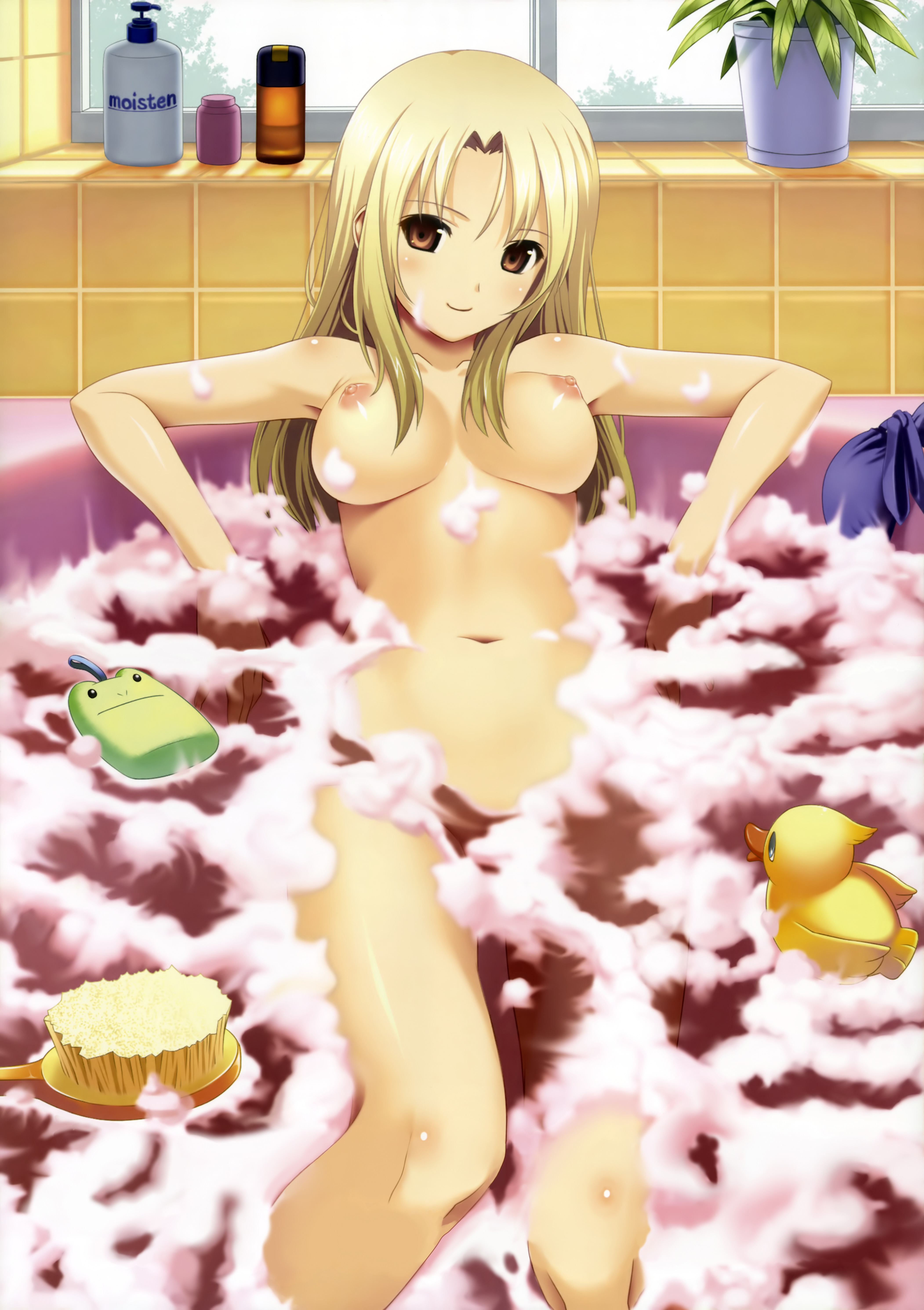 koutaro, brush, absurdres, highres, non-web source, 1girl, back scrubber, bath, bathing, bathtub, blonde hair, breasts, brown eyes, english text, female focus, head tilt, long hair, navel, nipples, nude, rubber duck, smile, solo, yellow eyes