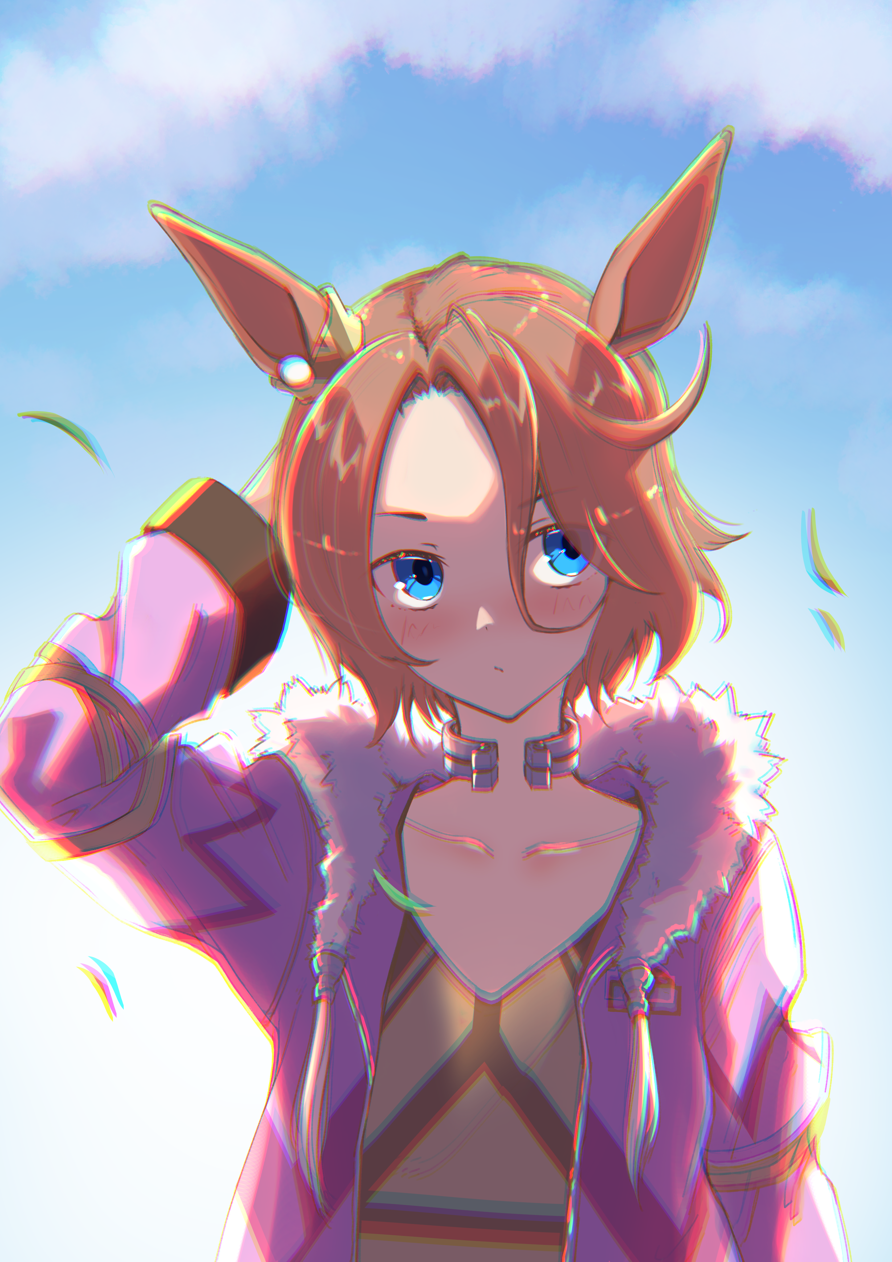 danboru (jdanboru1182), narita taishin (nevertheless) (umamusume), narita taishin (umamusume), umamusume, absurdres, highres, 1girl, animal ears, blue eyes, blush, brown hair, clothes around waist, denim, ear ornament, fur-trimmed jacket, fur trim, hair between eyes, horse ears, horse girl, horse tail, horseshoe, jacket, jeans, long sleeves, pants, pink jacket, shirt, short hair, solo, tail, tied shirt, torn clothes, torn jeans, torn pants, yellow shirt
