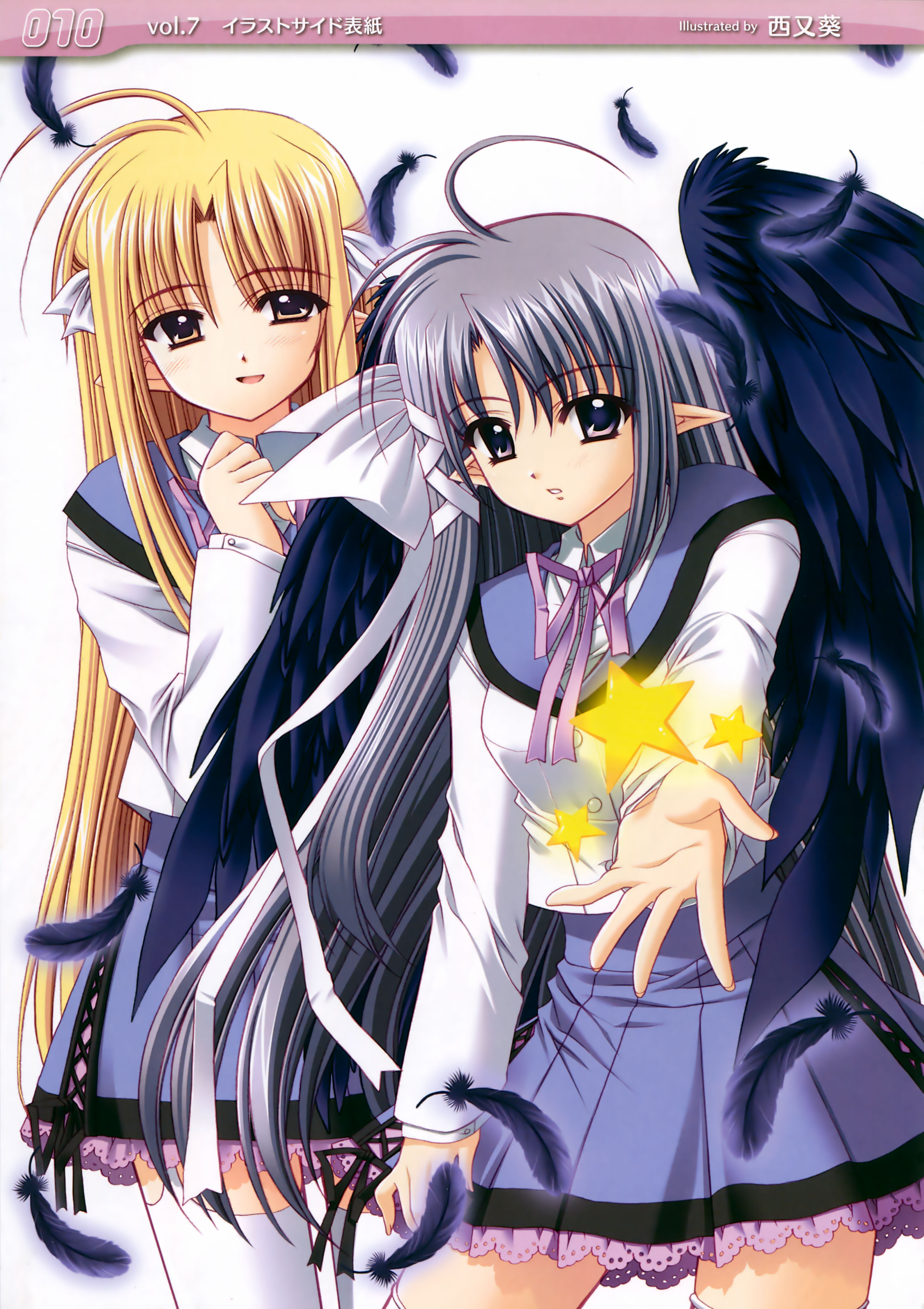 nishimata aoi, freyjalt fall, varuna riel, judgement chime, silver hair, absurdres, highres, 2girls, blonde hair, feathers, grey eyes, multiple girls, pointy ears, school uniform, thighhighs, wings, yellow eyes