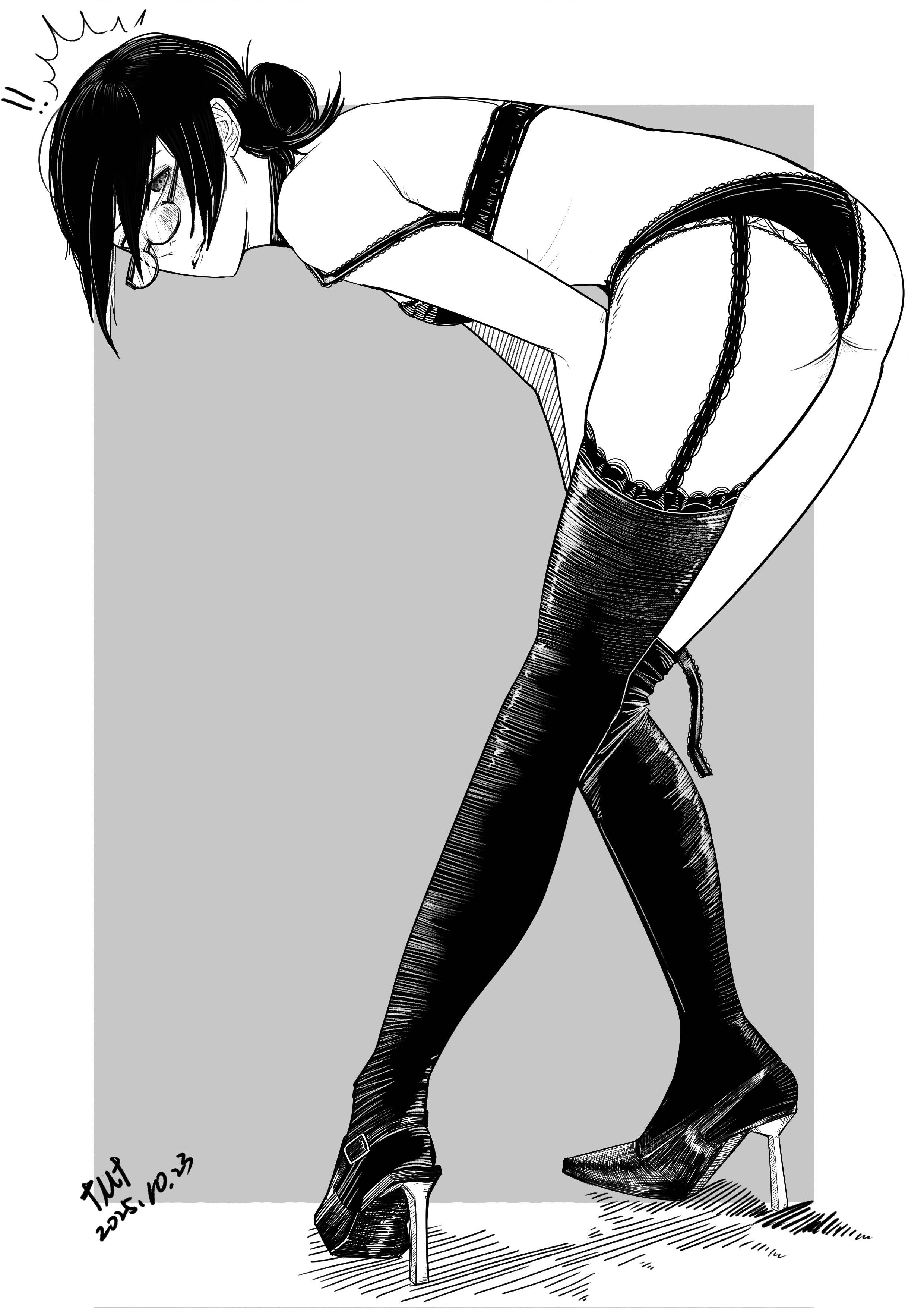 reze (chainsaw man), chainsaw man, absurdres, highres, 1girl, alternate costume, ass, blush, bra, breasts, glasses, greyscale, hair bun, high heels, leaning forward, lml1880828, looking at viewer, monochrome, panties, small breasts, solo, standing, thighhighs, underwear