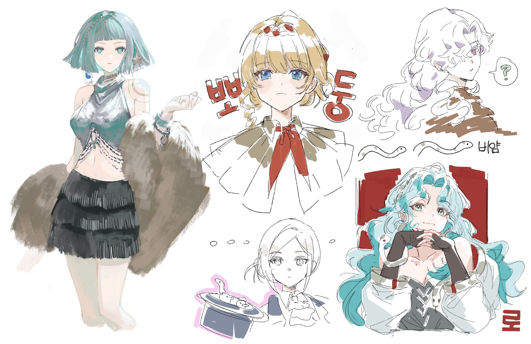 mmihpyy, hissabeth, kiperina, mercuria (reverse:1999), vertin (reverse:1999), windsong (reverse:1999), reverse:1999, highres, translation request, 5girls, :3, ?, ascot, bare shoulders, black hat, black skirt, blonde hair, blue eyes, blue hair, blunt bangs, blunt ends, boater hat, bob cut, braid, braided bangs, closed mouth, cowboy shot, cropped legs, cropped torso, dress, earrings, fang, feather boa, green eyes, grey dress, grey hair, grey tank top, hair bun, hair ornament, hair over one eye, hand up, hands up, hat, in hat, interlocked fingers, jacket, jewelry, korean text, looking at viewer, midriff, miniskirt, multiple girls, navel, neckerchief, one eye covered, own hands together, pencil skirt, purple eyes, red neckerchief, short hair, single earring, single side bun, skin fang, skirt, snake, snake on head, speech bubble, spoken question mark, star (symbol), star hair ornament, tank top, teacher and student, unworn hat, unworn headwear, upper body, white ascot, white background, white jacket