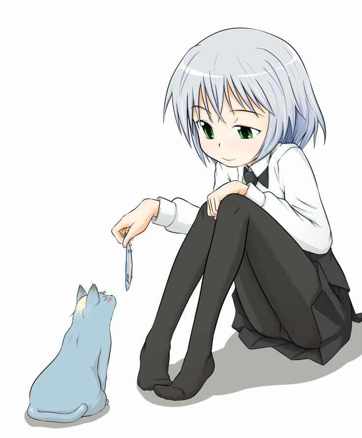 takanaga kouhei, eila ilmatar juutilainen, sanya v. litvyak, strike witches, world witches series, silver hair, bad id, bad pixiv id, 00s, 1girl, black pantyhose, cat, feet, female focus, fish, green eyes, panties, pantyhose, raised eyebrow, short hair, simple background, sitting, solo, underwear, uneven eyes