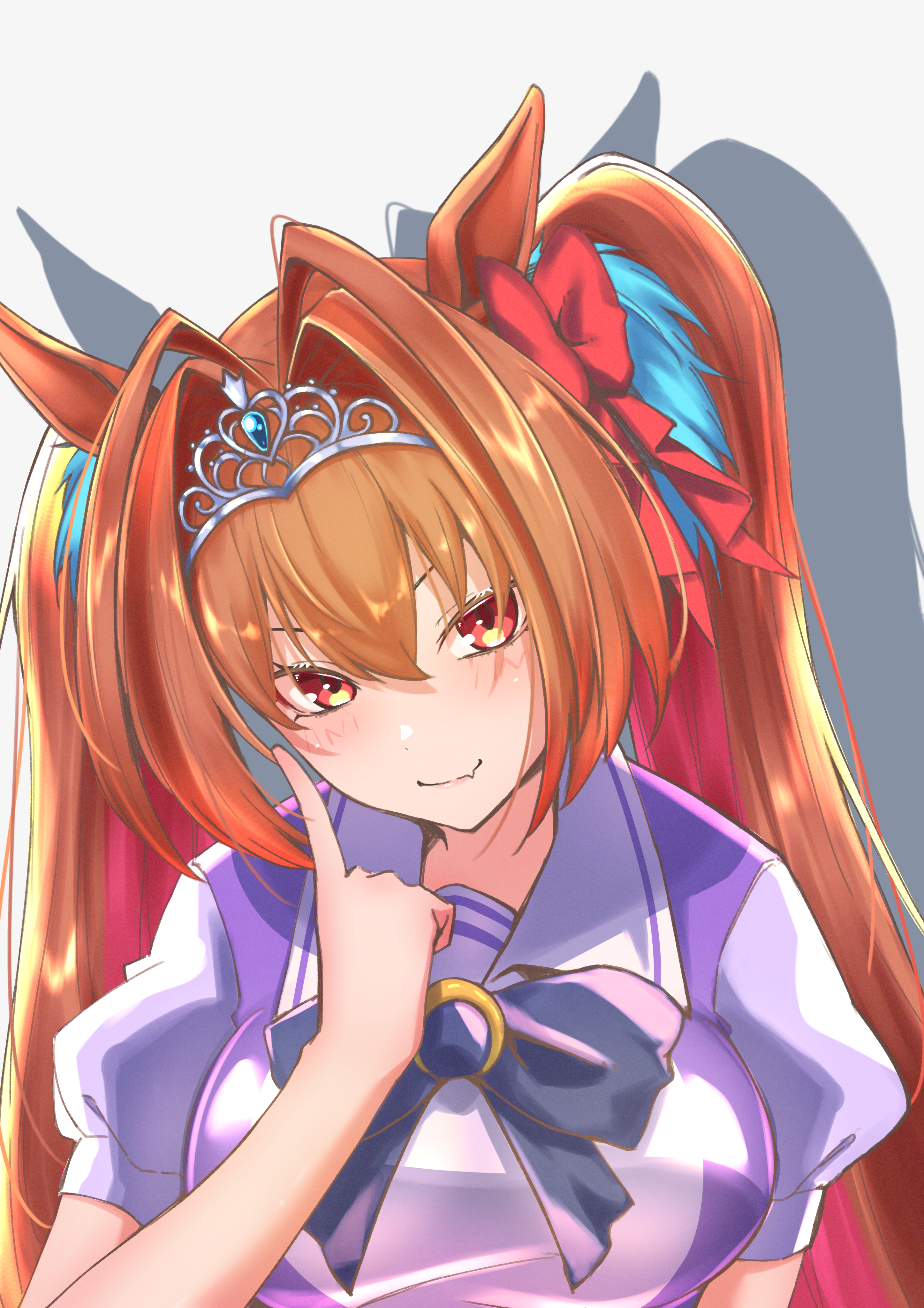 danboru (jdanboru1182), daiwa scarlet (umamusume), umamusume, absurdres, commentary, highres, 1girl, animal ears, blush, bow, breasts, brown hair, fang, hair between eyes, hair intakes, horse ears, horse girl, horseshoe ornament, large breasts, long hair, looking at viewer, red eyes, school uniform, shirt, skin fang, smile, solo, tiara, tracen school uniform, twintails, very long hair