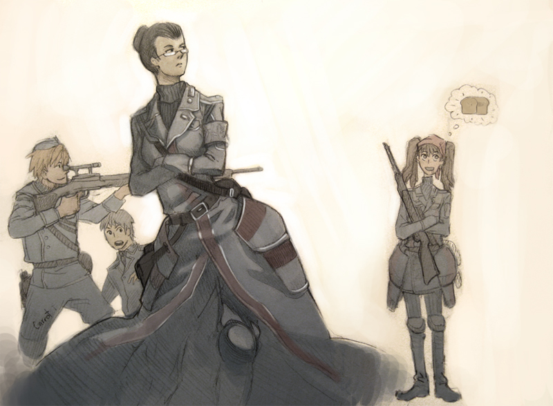 drawfag, shroedinger, alicia melchiott, eleanor varrot, faldio landzaat, welkin gunther, 4chan, senjou no valkyria, senjou no valkyria (series), senjou no valkyria 1, 00s, 2boys, 2girls, bread, food, gun, military, military uniform, multiple boys, multiple girls, rifle, thinking, weapon