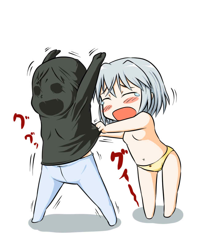 takanaga kouhei, eila ilmatar juutilainen, sanya v. litvyak, strike witches, world witches series, silver hair, bad id, bad pixiv id, 00s, 2girls, black pantyhose, chibi, crotch seam, multiple girls, panties, pantyhose, short hair, tears, topless female, underwear, underwear only, white pantyhose