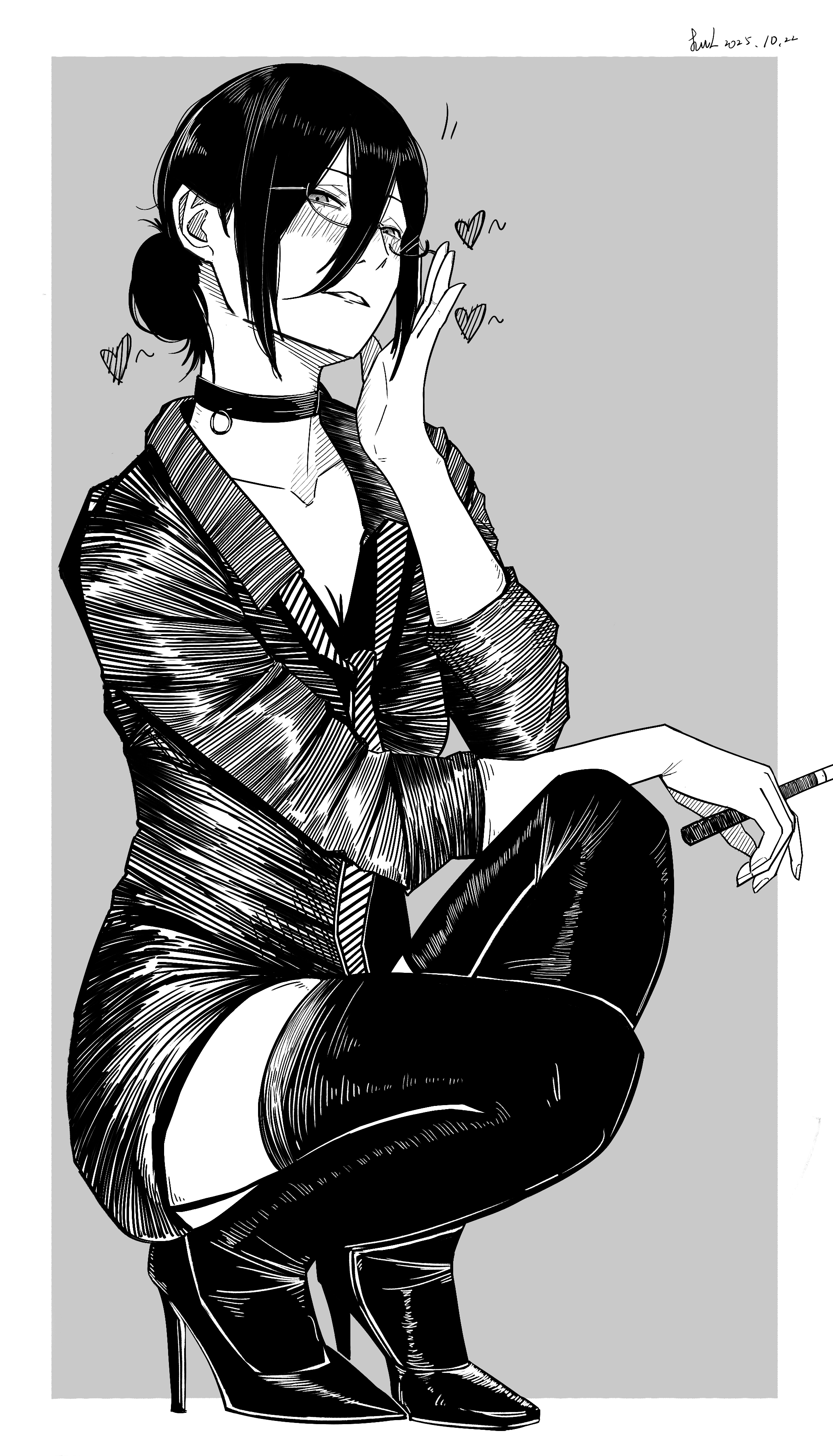 reze (chainsaw man), chainsaw man, absurdres, highres, 1girl, adjusting eyewear, alternate costume, blush, breasts, choker, cleavage, glasses, grenade pin, greyscale, hair between eyes, hair bun, heart, high heels, jacket, lml1880828, miniskirt, monochrome, skirt, solo, squatting, suit jacket, thighhighs