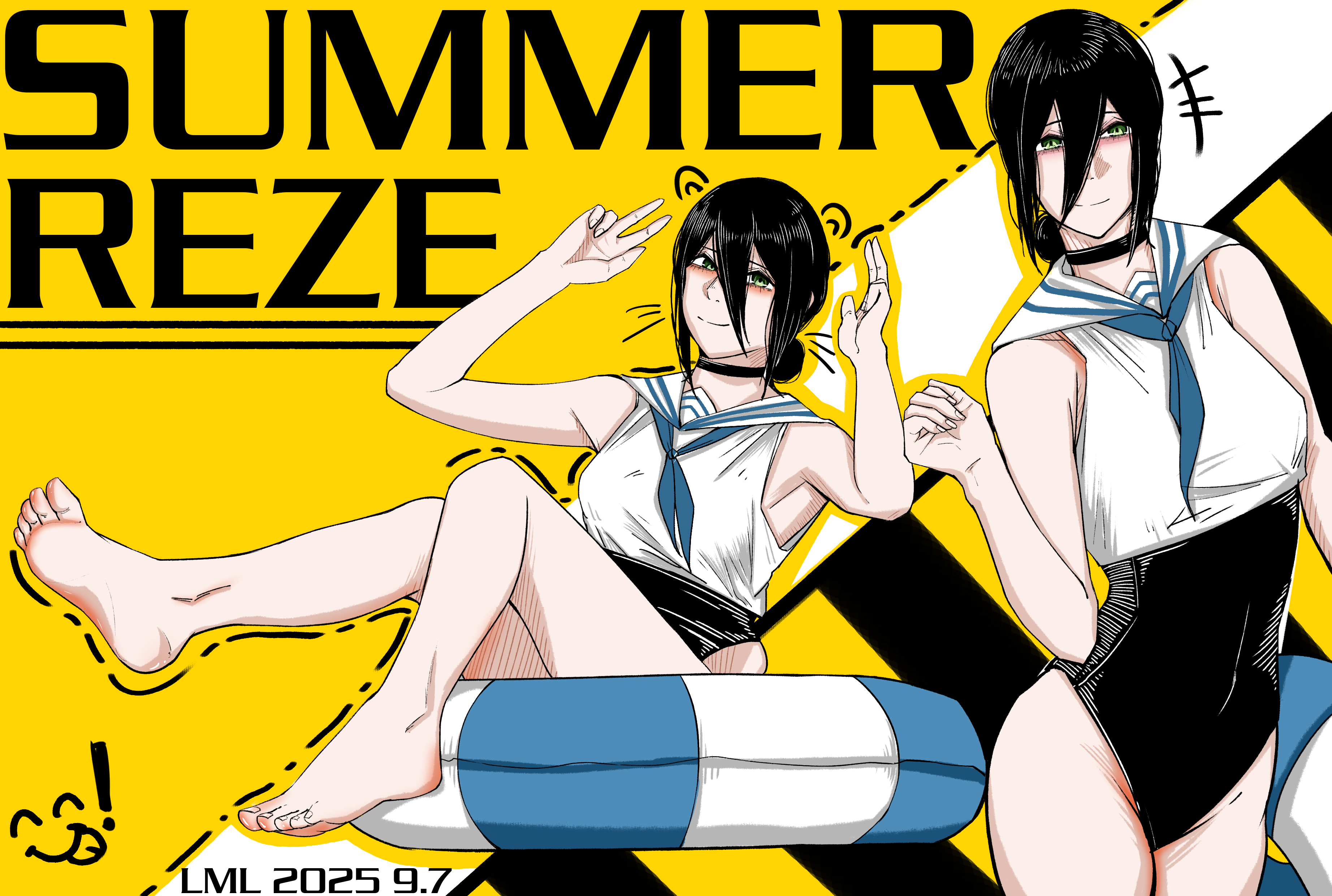 reze (chainsaw man), chainsaw man, absurdres, highres, 1girl, black choker, black hair, black one-piece swimsuit, blue neckerchief, choker, closed mouth, crop top, feet, green eyes, hair between eyes, lml1880828, multiple views, neckerchief, one-piece swimsuit, sailor collar, sailor shirt, shirt, smile, swimsuit, white shirt