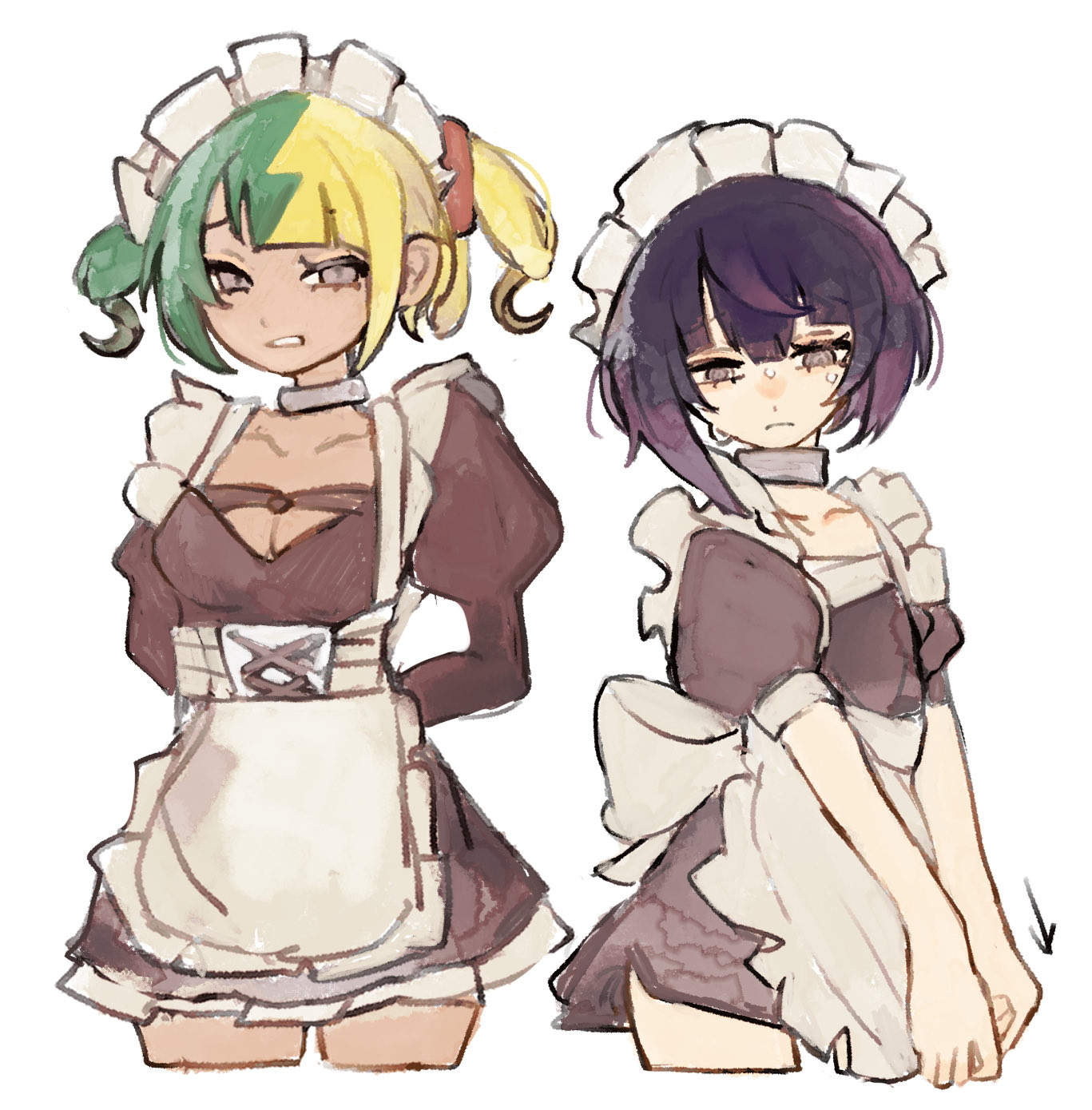 chamopichamo, canari (pokemon), gwynn (pokemon), nintendo, pokemon, pokemon legends: z-a, highres, alternate costume, apron, black dress, black hair, blonde hair, dark-skinned female, dark skin, dress, gradient hair, green hair, juliet sleeves, long sleeves, maid, maid apron, maid headdress, multicolored hair, puffy short sleeves, puffy sleeves, purple hair, short hair, short sleeves, split-color hair, sweat, twintails, two-tone hair, white background