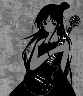 suisen (pixiv217818), akiyama mio, don't say "lazy", k-on!, lowres, 00s, 1girl, bass guitar, black hair, blunt bangs, electric guitar, female focus, gibson les paul, gothic lolita, greyscale, guitar, hat, hime cut, instrument, lolita fashion, long hair, mini hat, mini top hat, monochrome, solo, top hat