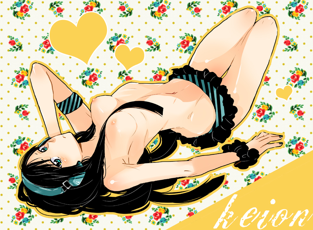 nimocco, wagimocco, akiyama mio, k-on!, bad id, bad pixiv id, 00s, 1girl, black hair, blue eyes, breasts, female focus, floral print, headphones, heart, long hair, lying, medium breasts, nipples, scrunchie, solo, topless female, wrist scrunchie