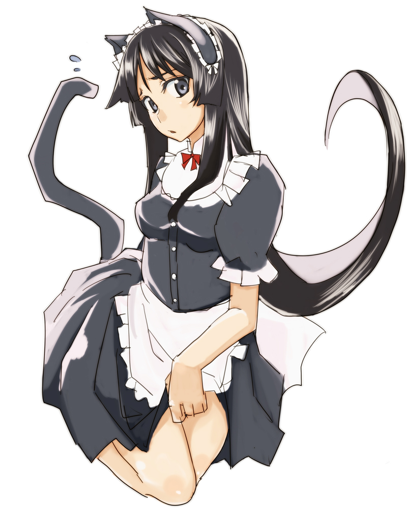 sora (firstaid), akiyama mio, k-on!, bad id, bad pixiv id, 00s, 1girl, alternate costume, animal ears, black eyes, black hair, blunt bangs, breasts, cat ears, cat girl, cat tail, enmaided, female focus, full body, hime cut, long hair, maid, simple background, solo, tail