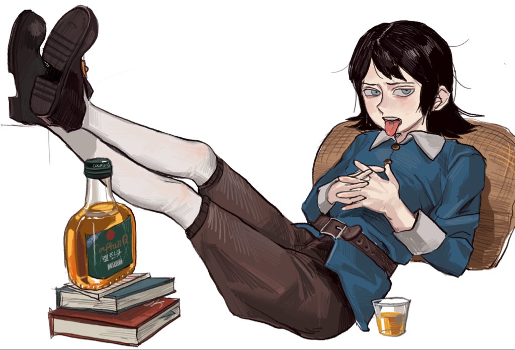 min do-sik, abaddon (haunted hotel), abaddon (human) (haunted hotel), haunted hotel, commentary request, korean commentary, 1boy, alcohol, blue coat, blue eyes, book, brown hair, coat, crossed legs, cup, drinking glass, long hair, looking at viewer, male focus, own hands clasped, own hands together, pillow, shot glass, simple background, tongue, tongue out, white background