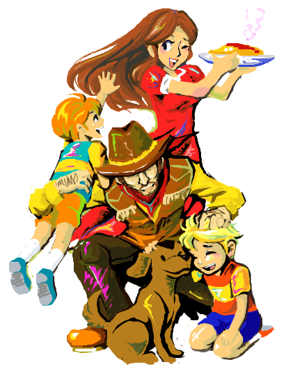 boney, claus (mother 3), flint (mother 3), hinawa, lucas (mother 3), mother (series), mother 3, nintendo, 1girl, 3boys, beard, blonde hair, brown hair, dog, facial hair, family, hat, long hair, multiple boys, one eye closed, orange hair, wink