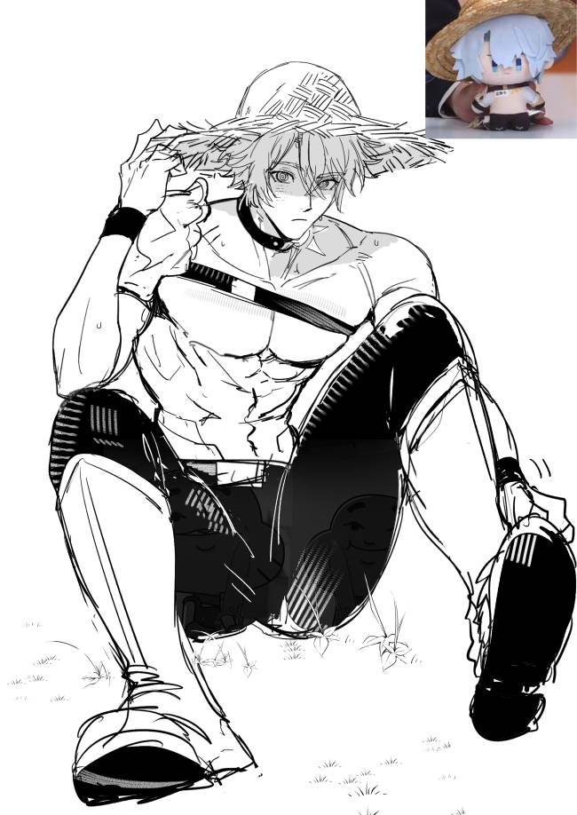 onegingek, phainon (honkai: star rail), honkai: star rail, honkai (series), 1boy, abs, chest belt, choker, closed mouth, collarbone, grass, greyscale, hat, looking at viewer, male focus, monochrome, neck tattoo, pants, reference inset, shoe soles, short hair, sitting, straw hat, sun symbol, sun tattoo, tan, tattoo, topless male