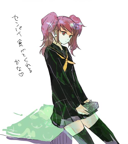 kujikawa rise, atlus, persona, persona 4, earrings, jewelry, red eyes, red hair, school uniform, simple background, solo, thighhighs, twintails, white background