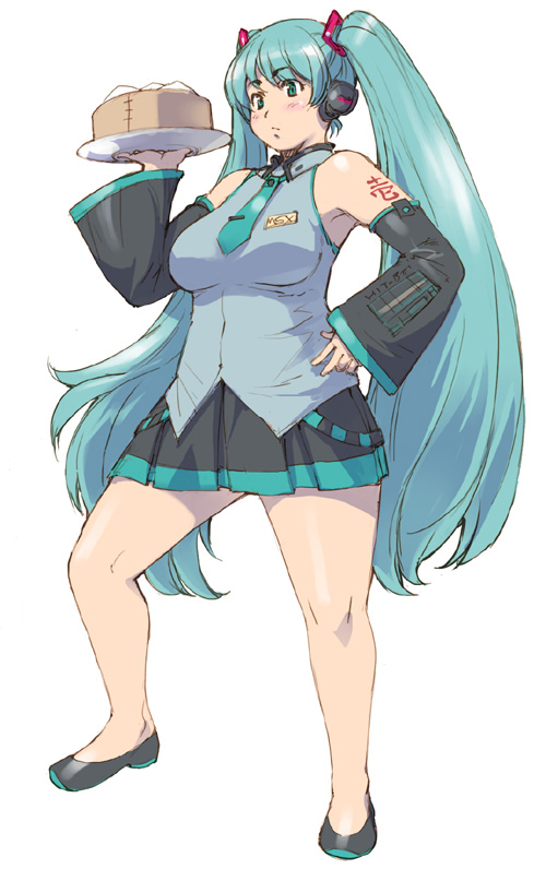 shirayuki shoushirou, hatsune miku, vocaloid, 1girl, aqua eyes, aqua hair, bamboo steamer, breasts, detached sleeves, dumpling, female focus, food, headphones, long hair, medium breasts, necktie, plump, skirt, solo, steamed bun, tray, twintails