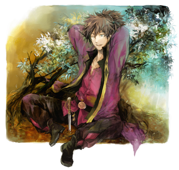 yuhazu (rhe-rhe), raven (tales), tales of (series), tales of vesperia, 00s, 1boy, black hair, blue eyes, knife, male focus, one eye closed, ponytail, smile, solo, wink
