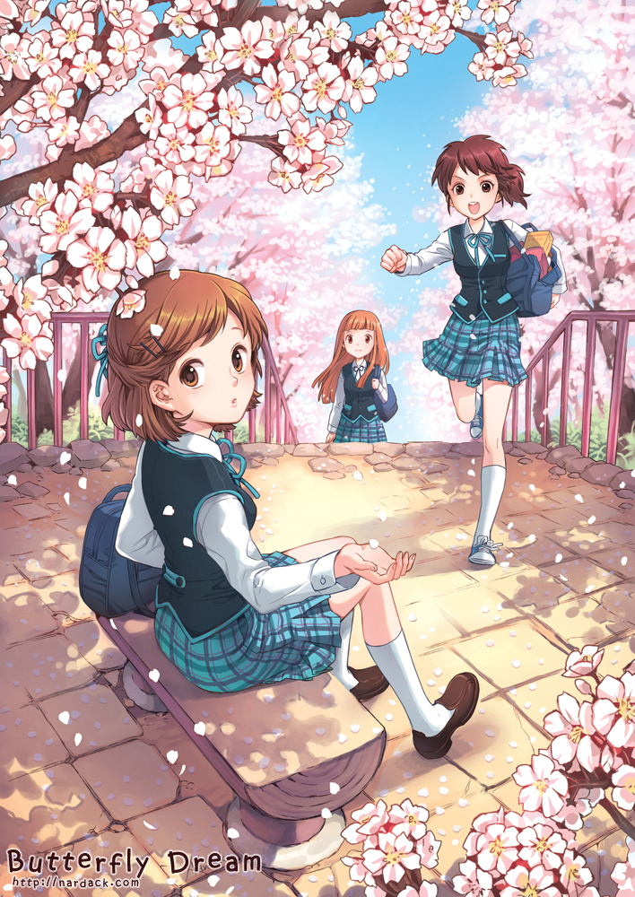 nardack, original, bad id, bad pixiv id, 3girls, bench, bow, brown eyes, brown hair, dorsiflexion, flower, hair ornament, hair ribbon, hairclip, kneehighs, legs, lips, loafers, multiple girls, petals, ribbon, school uniform, shoes, short hair, socks, white socks