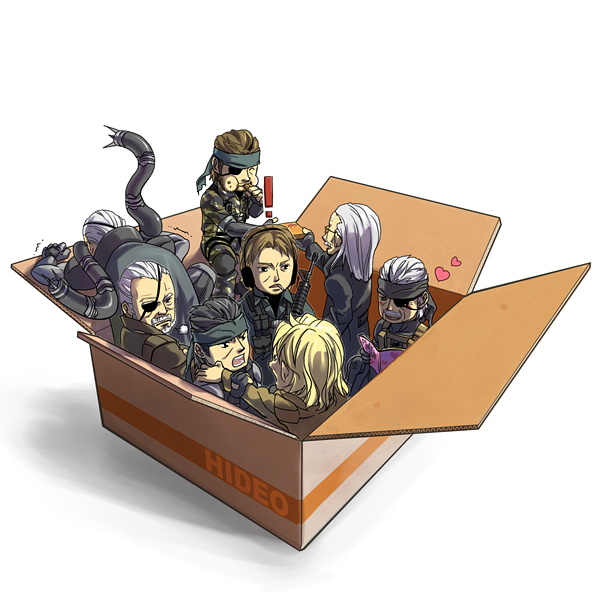 hinoe (dd works), big boss, iroquois pliskin, liquid ocelot, liquid snake, naked snake, old snake, revolver ocelot, solid snake, solidus snake, metal gear (series), metal gear solid, metal gear solid 2: sons of liberty, metal gear solid 3: snake eater, metal gear solid 4: guns of the patriots, bad id, bad pixiv id, !, 6+boys, beard, blonde hair, blush, box, brown hair, camouflage, cardboard box, cigarette, coat, dual persona, eyepatch, facial hair, glasses, grey hair, gun, heart, in box, in container, magazine (object), male focus, military, military uniform, multiple boys, multiple persona, mustache, smile, weapon