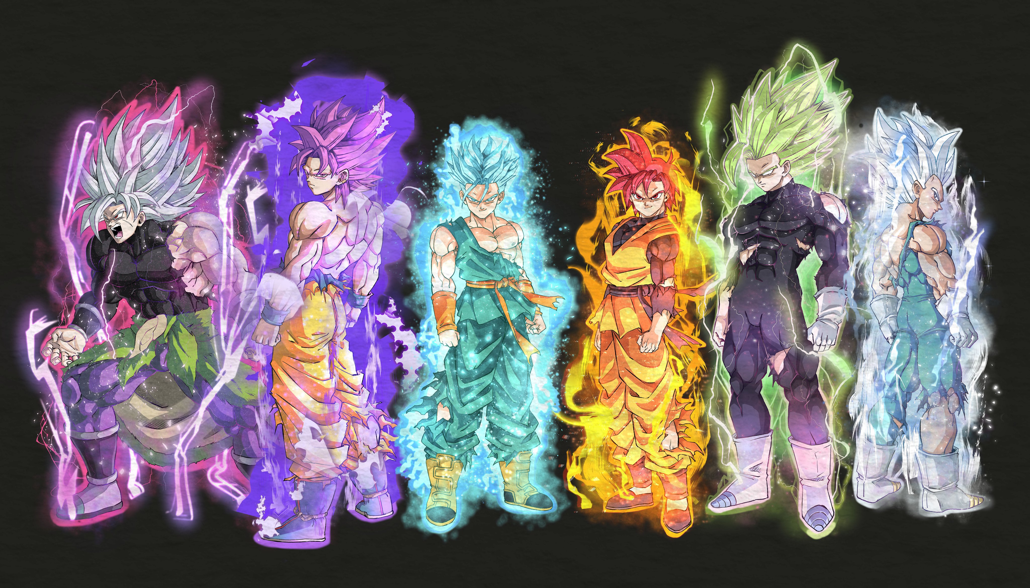 beatlo (rodrigo38658978), broly (dragon ball super), gohan beast, son gohan, son goku, son goten, trunks (dragon ball), vegeta, dragon ball, dragonball z, absurdres, highres, 6+boys, alternate costume, alternate form, alternate hair color, aura, back, black background, blank eyes, blue eyes, blue hair, bodysuit, boots, dougi, facial scar, full body, gloves, green hair, legendary super saiyan, looking at viewer, looking back, male focus, multiple boys, muscular, muscular male, no eyebrows, pants, purple eyes, purple hair, red eyes, red hair, sash, scar, scar on cheek, scar on face, spiked hair, super saiyan, super saiyan blue, super saiyan god, topless male, torn bodysuit, torn clothes, torn pants, ultra ego (dragon ball), ultra instinct, waist cape, white eyes, white gloves, white hair, wristband