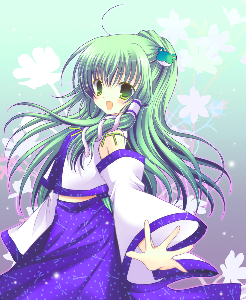 shirogane hina, kochiya sanae, touhou, 1girl, detached sleeves, female focus, flower, gradient background, green eyes, green hair, long hair, plant, solo, standing