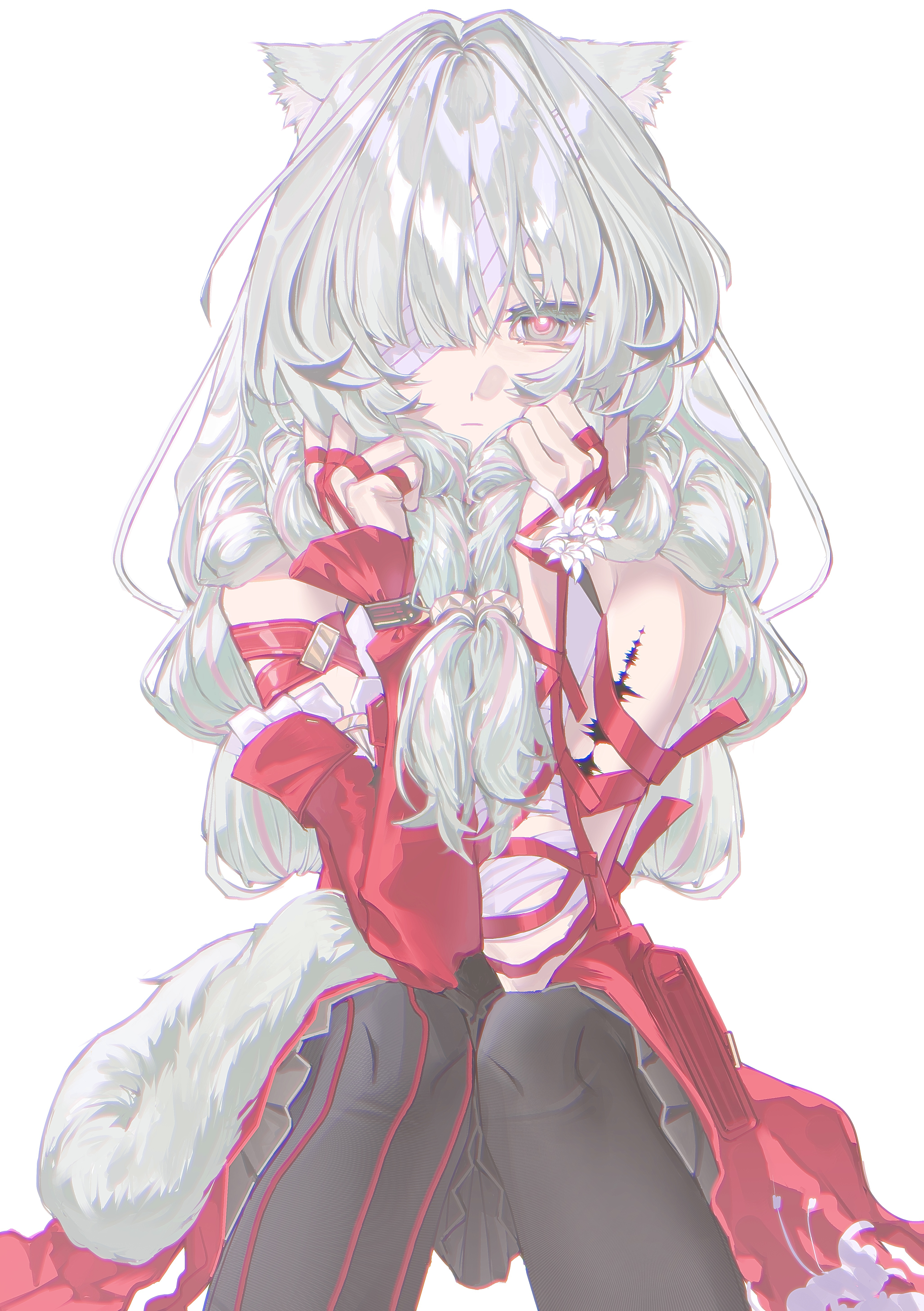 phrolova (wuthering waves), wuthering waves, absurdres, highres, 1girl, bandage over one eye, bandages, braid, detached sleeves, dress, face in hair, flower, green hair, halter dress, halterneck, holding, holding own hair, light frown, loose bandages, low twin braids, multicolored hair, red dress, red petals, red pupils, red ribbon, ribbon, single detached sleeve, streaked hair, tacet mark (wuthering waves), tr1993r, twin braids, white background, white flower