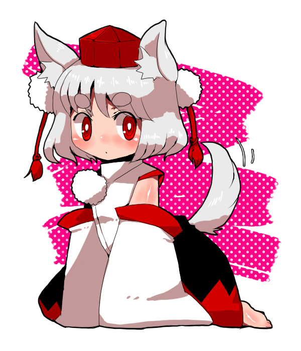 mousou youjo, yuto mochi, inubashiri momiji, touhou, bad id, bad pixiv id, 1girl, animal ears, barefoot, blush, chibi, detached sleeves, female focus, hat, red eyes, short hair, solo, tail, tokin hat, white hair, wolf ears, wolf tail