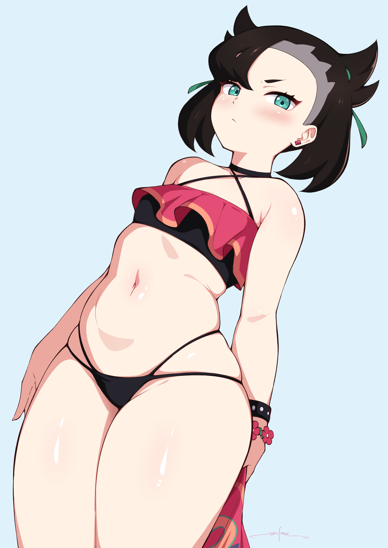 unsfrau, marnie (pokemon), marnie (summer 2021) (pokemon), nintendo, pokemon, pokemon masters ex, highres, 1girl, armpit crease, asymmetrical bangs, asymmetrical hair, bikini, black bikini, black choker, black hair, blush, bracelet, breasts, choker, cowboy shot, curvy, earrings, flower bracelet, green eyes, green ribbon, hair ribbon, jewelry, looking at viewer, navel, ribbon, simple background, skindentation, small breasts, solo, stomach, stud earrings, swimsuit, thighs, twintails, v-shaped eyebrows, wide hips