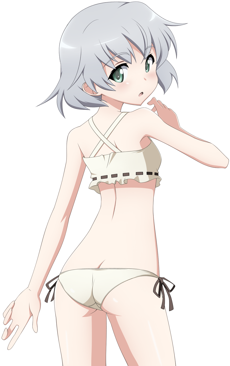sanya v. litvyak, strike witches, world witches series, silver hair, highres, 00s, 1girl, ass, blush, butt crack, female focus, green eyes, lingerie, panties, short hair, solo, transparent background, underwear