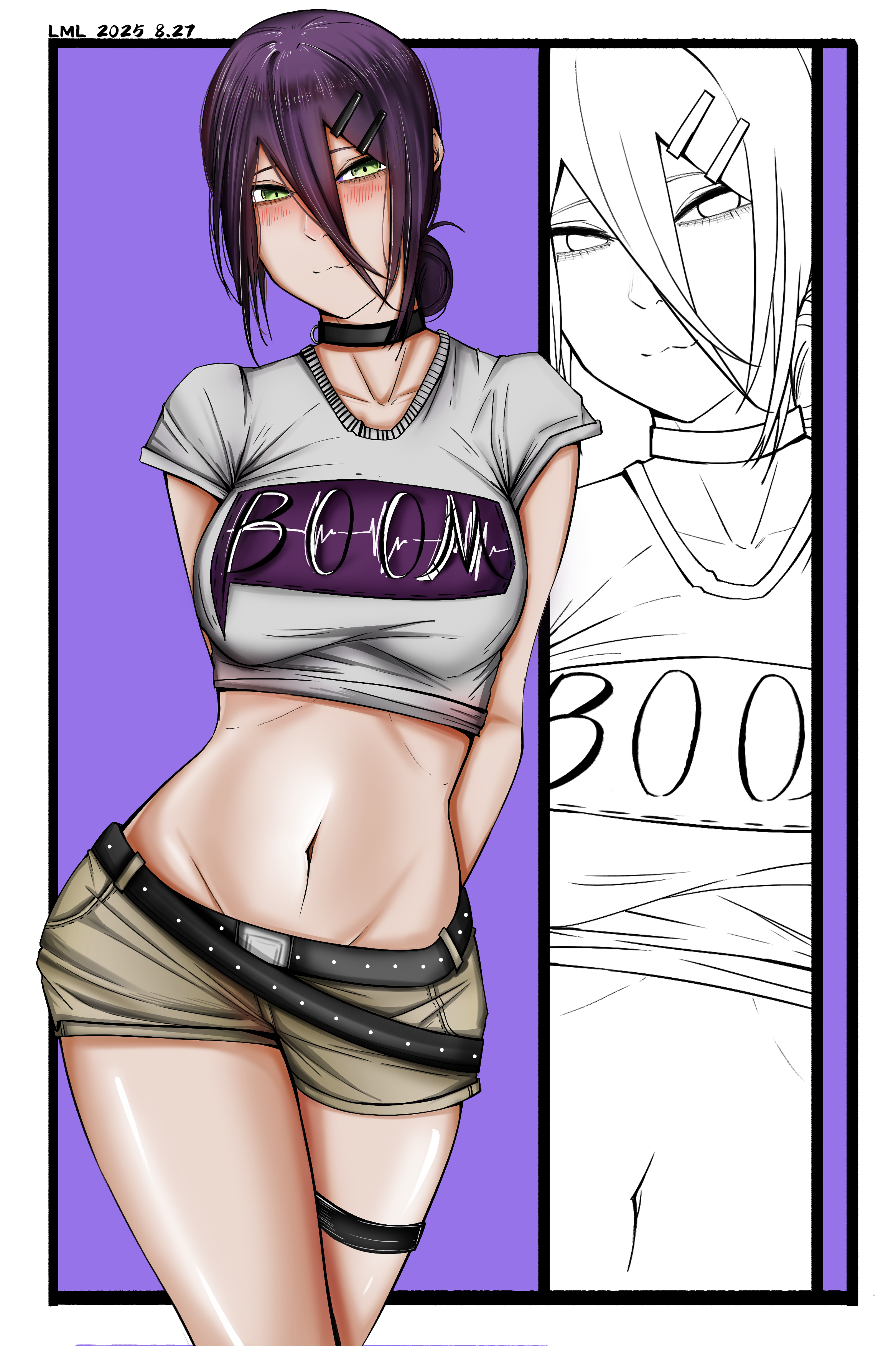 reze (chainsaw man), chainsaw man, absurdres, highres, 1girl, blush, breasts, cropped shirt, green eyes, grey shirt, grey shorts, hair between eyes, large breasts, lml1880828, micro shorts, navel, purple eyes, shirt, shorts, solo