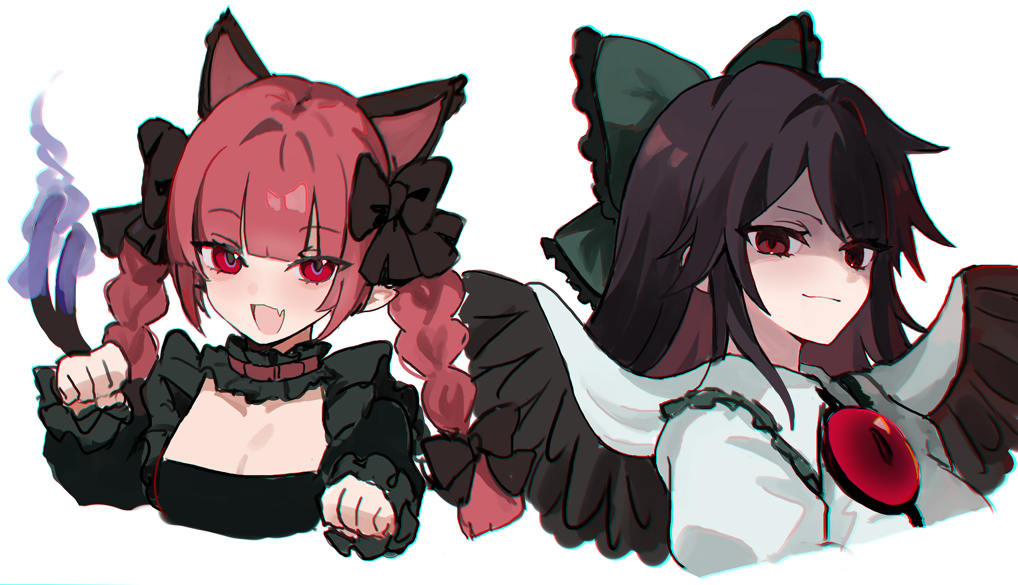 kani nyan, kaenbyou rin, reiuji utsuho, touhou, commentary request, highres, 2girls, :d, animal ears, black bow, black dress, black hair, black wings, blunt bangs, bow, braid, cat ears, cat girl, cat tail, closed mouth, collared shirt, dress, extra ears, fang, feathered wings, fire, flame-tipped tail, frilled dress, frills, green bow, hair bow, long hair, looking at viewer, multiple girls, multiple tails, open mouth, paw pose, pointy ears, red eyes, red hair, shirt, simple background, skin fang, smile, tail, third eye, twin braids, two tails, upper body, white background, white shirt, wings