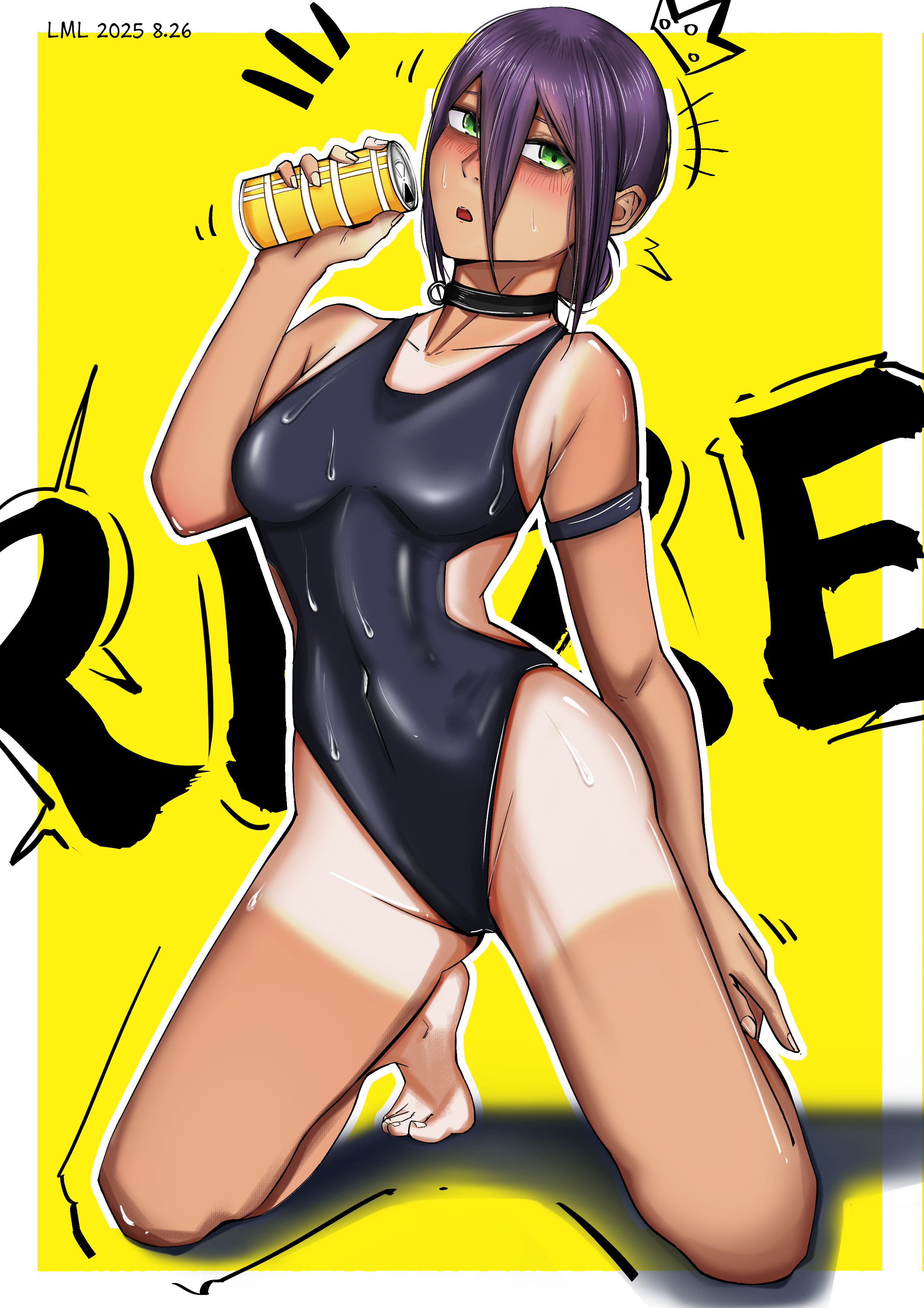 reze (chainsaw man), chainsaw man, absurdres, highres, 1girl, arm strap, black choker, black one-piece swimsuit, blush, breasts, can, choker, dark-skinned female, dark skin, drawn crown, green eyes, grenade pin, holding, holding can, lml1880828, medium breasts, one-piece swimsuit, purple hair, solo, swimsuit, tan, tanline, wet, wet clothes, wet swimsuit