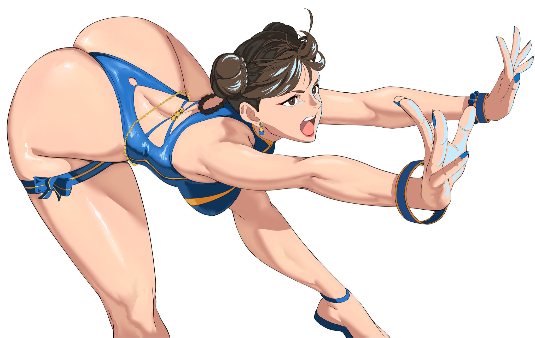 octavius (octavius dp), chun-li, capcom, street fighter, street fighter 6, highres, 1girl, ass, back cutout, bent over, blue nails, blue one-piece swimsuit, bracelet, braid, braided hair rings, clothing cutout, double bun, earrings, hair bun, hair rings, highleg, highleg one-piece swimsuit, huge ass, jewelry, kikouken, official alternate costume, official alternate hairstyle, one-piece swimsuit, open mouth, simple background, solo, swimsuit, thighs