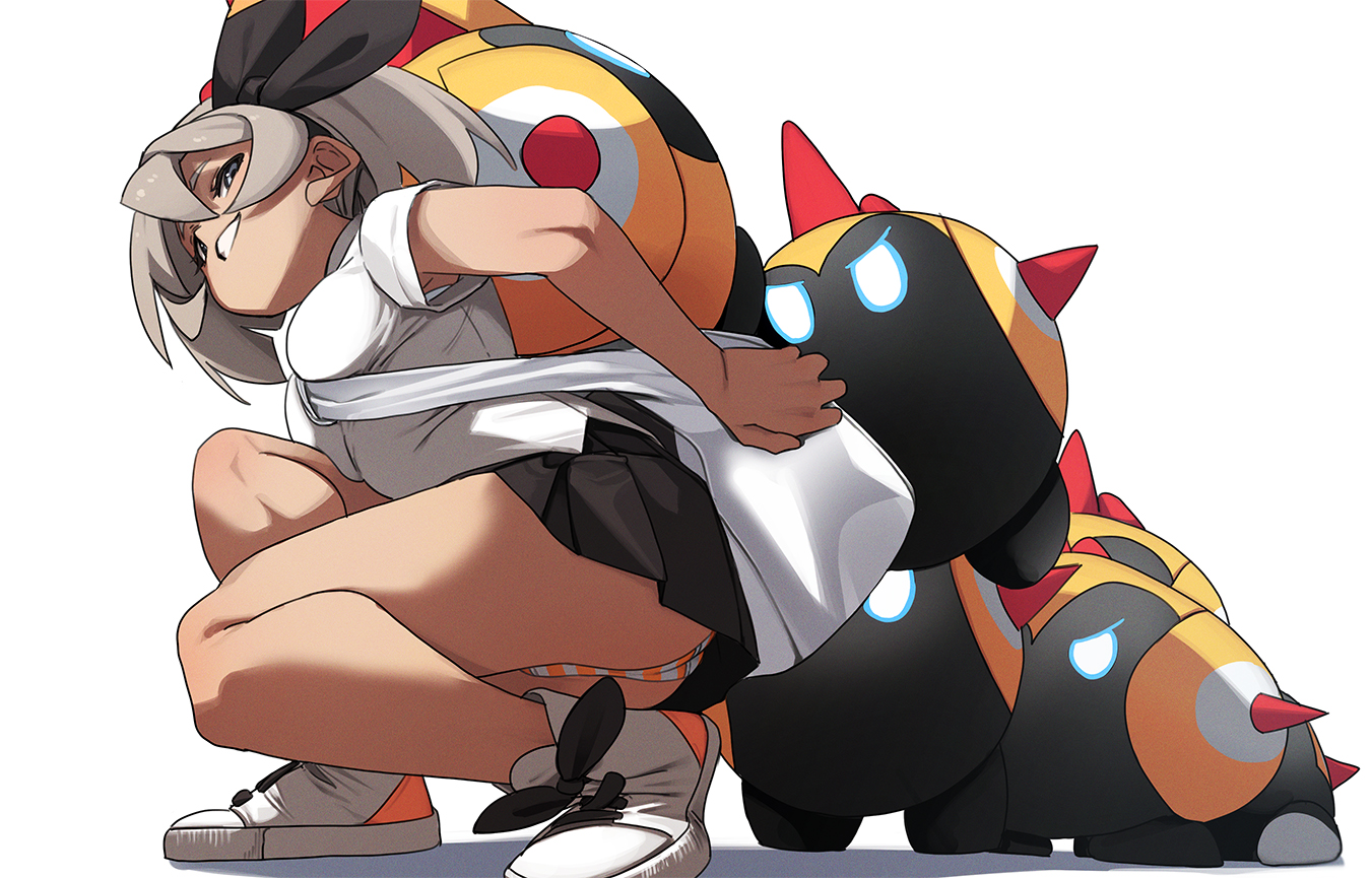 fu-ta, bea (pokemon), falinks, nintendo, pokemon, pokemon swsh, 1girl, black skirt, breasts, dark-skinned female, dark skin, gen 8 pokemon, grey eyes, grey hair, grin, hairband, looking at viewer, medium breasts, pokemon (creature), shirt, shoes, short hair, short sleeves, skirt, smile, sneakers, squatting, white shirt
