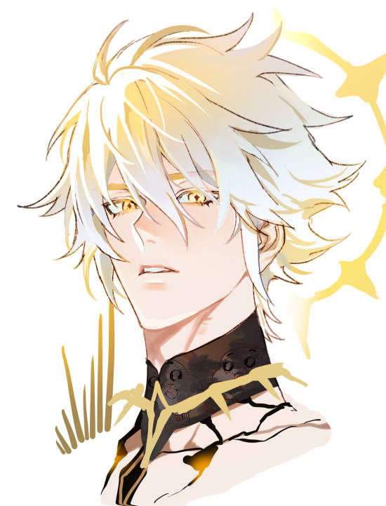 onegingek, phainon (honkai: star rail), phainon (khaslana) (honkai: star rail), honkai: star rail, honkai (series), commentary, symbol-only commentary, 1boy, blonde hair, cropped shoulders, halo, halo behind head, looking at viewer, male focus, parted lips, short hair, simple background, solo, sparkling eyes, teeth, white background, yellow eyes