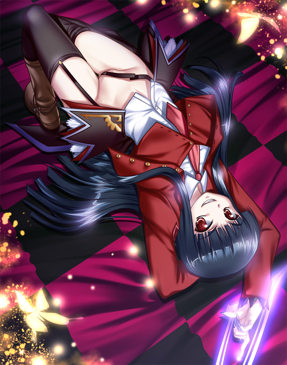 aogiri penta, lucifer (umineko), umineko no naku koro ni, highres, 00s, 1girl, black hair, bottomless, bug, butterfly, female focus, fingernails, grin, groin, insect, long fingernails, long hair, looking at viewer, lying, necktie, pink necktie, red eyes, shoes, single shoe, slit pupils, smile, solo, thighhighs, upside-down