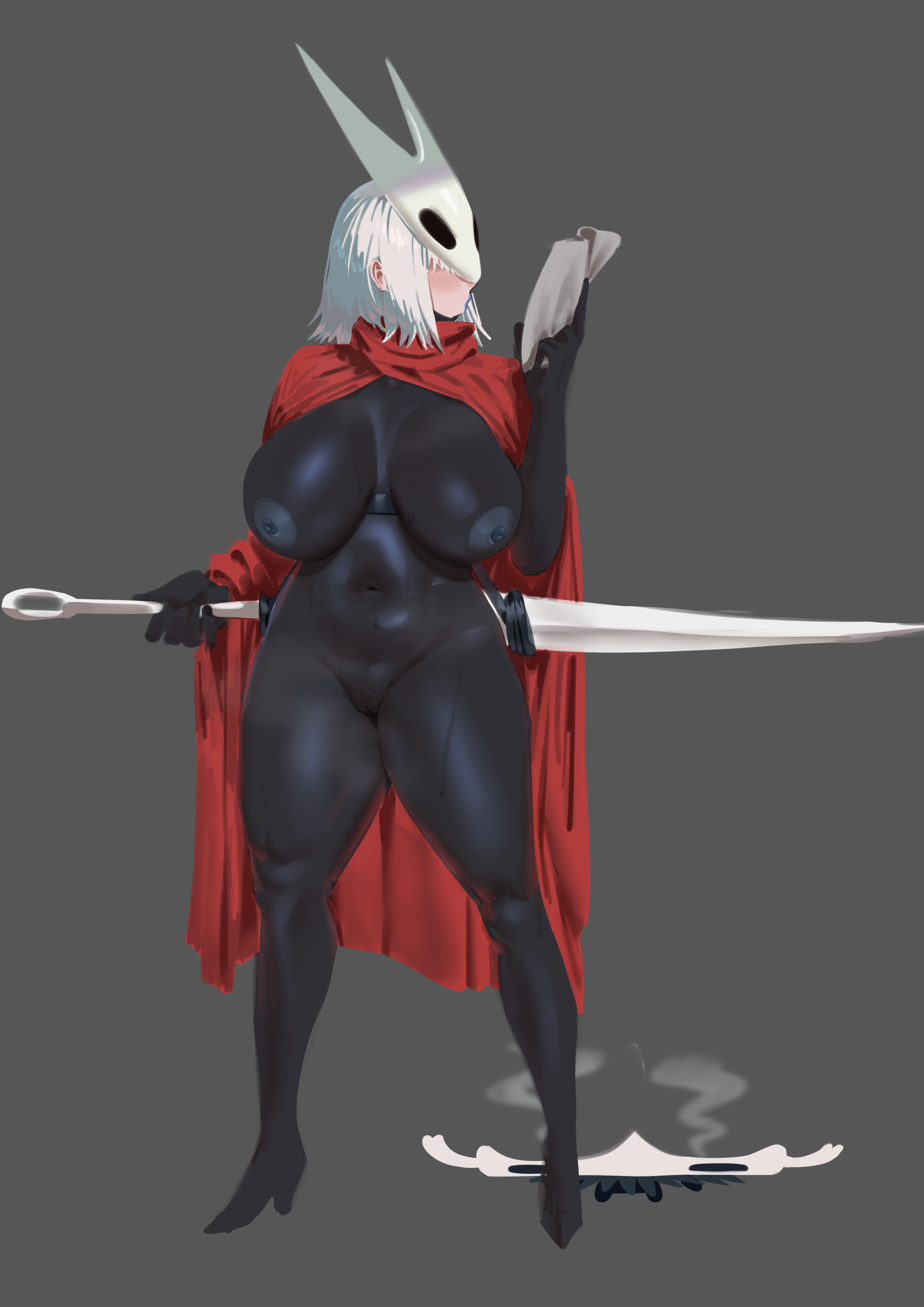 r-dragon, hornet (hollow knight), knight (hollow knight), hollow knight, hollow knight: silksong, absurdres, commentary, highres, 1girl, black bodysuit, blush, bodysuit, breasts, cameltoe, cloak, covered erect nipples, covered navel, full body, grey background, holding, holding map, holding sewing needle, humanization, large breasts, looking afar, map, mask, mask on head, needle (hollow knight), red cloak, short hair, simple background, solo, standing, white hair