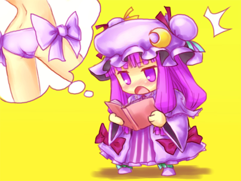 sentarou, patchouli knowledge, touhou, 1girl, ^^^, ass, blush, book, chibi, female focus, hat, long hair, panties, purple eyes, purple hair, ribbon, side-tie panties, solo, underwear