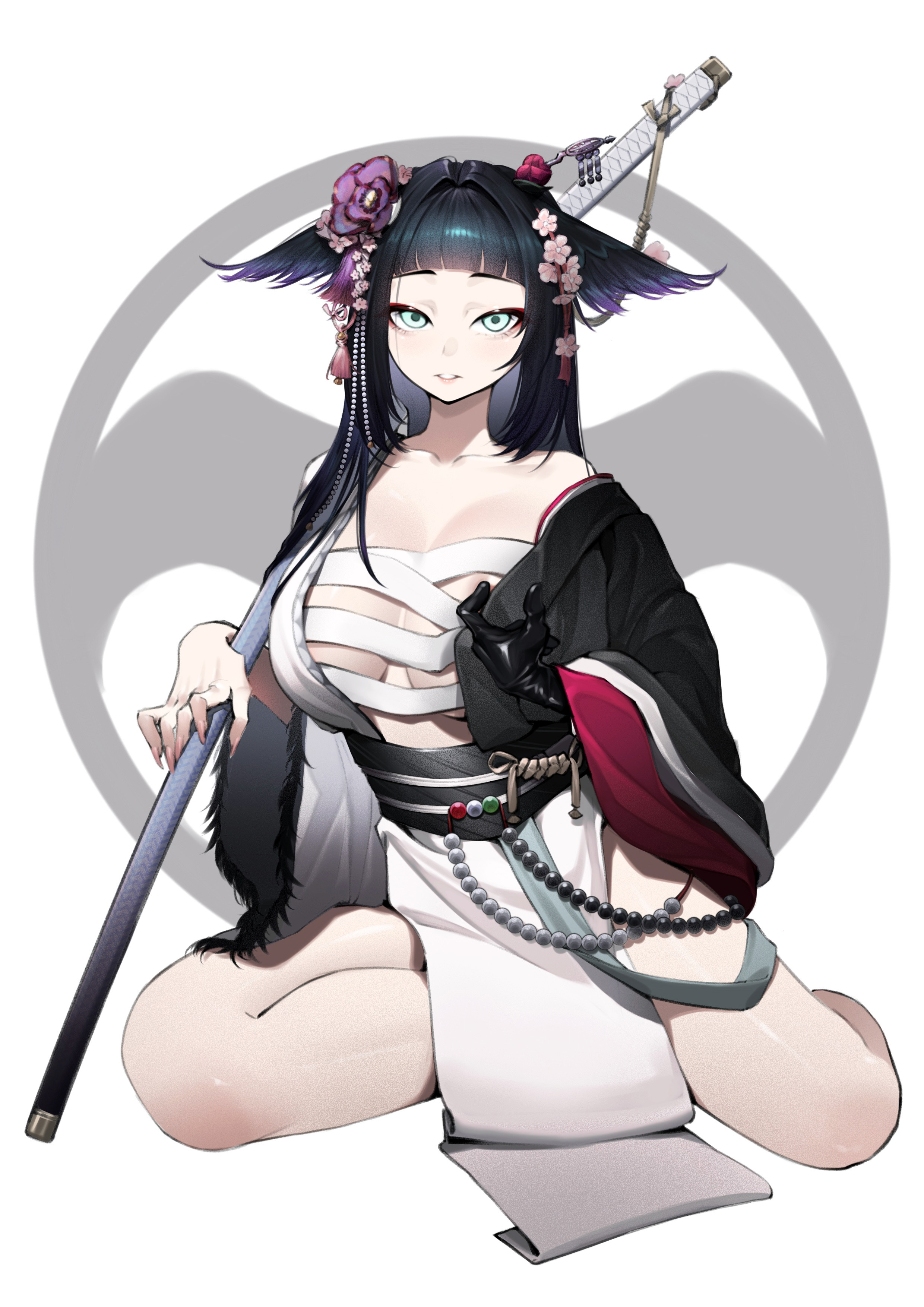 ghosty (xiaobai), mio (arknights), arknights, absurdres, commentary, highres, making-of available, procreate (medium), variant set, 1girl, animal ears, arched bangs, bare shoulders, black gloves, black hair, black haori, black sash, blunt bangs, breasts, chest sarashi, collarbone, flower, full body, gloves, green eyes, hair flower, hair intakes, hair ornament, haori, japanese clothes, katana, large breasts, long hair, long sleeves, looking at viewer, off shoulder, parted lips, pink flower, purple flower, sarashi, sash, sheath, sheathed, single glove, sitting, solo, sword, undone sarashi, weapon, white background