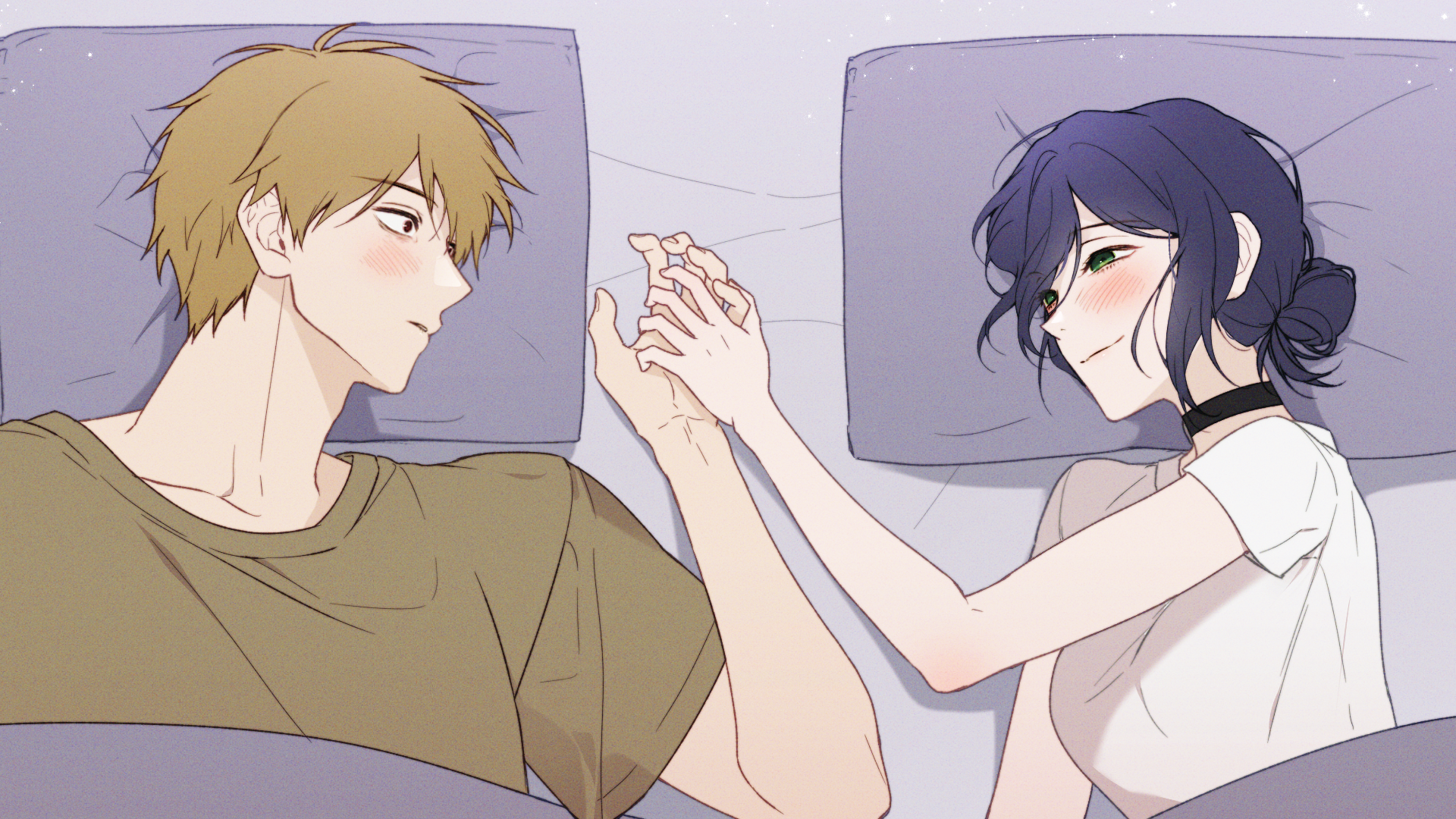 denji (chainsaw man), reze (chainsaw man), chainsaw man, highres, 1boy, 1girl, black choker, blonde hair, blue hair, brown shirt, choker, closed mouth, eye contact, green eyes, hair bun, hetero, looking at another, lying, on back, on bed, on side, ryu miryu, shirt, short hair, smile, white shirt