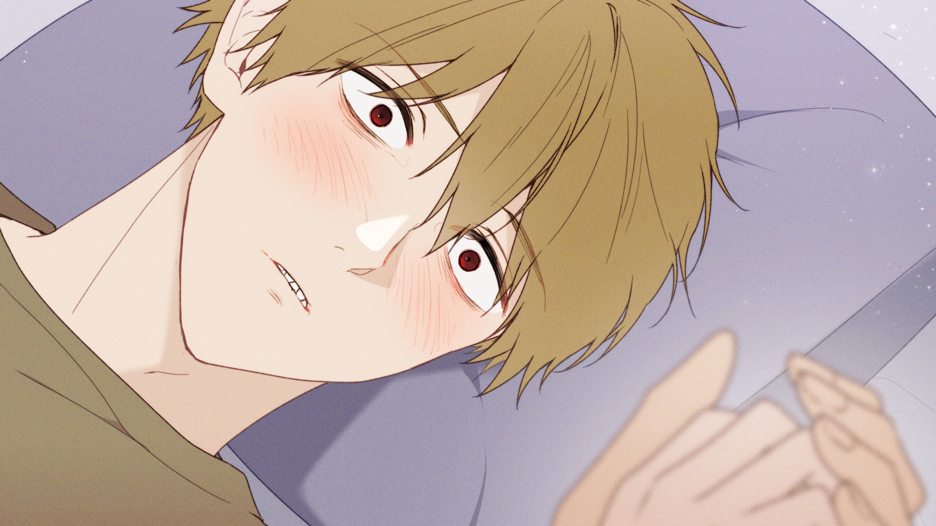 denji (chainsaw man), reze (chainsaw man), chainsaw man, highres, 1boy, 1girl, blonde hair, blush, brown shirt, lying, male focus, on back, on bed, parted lips, pillow, red eyes, ryu miryu, sharp teeth, shirt, short hair, solo focus, teeth, wide-eyed